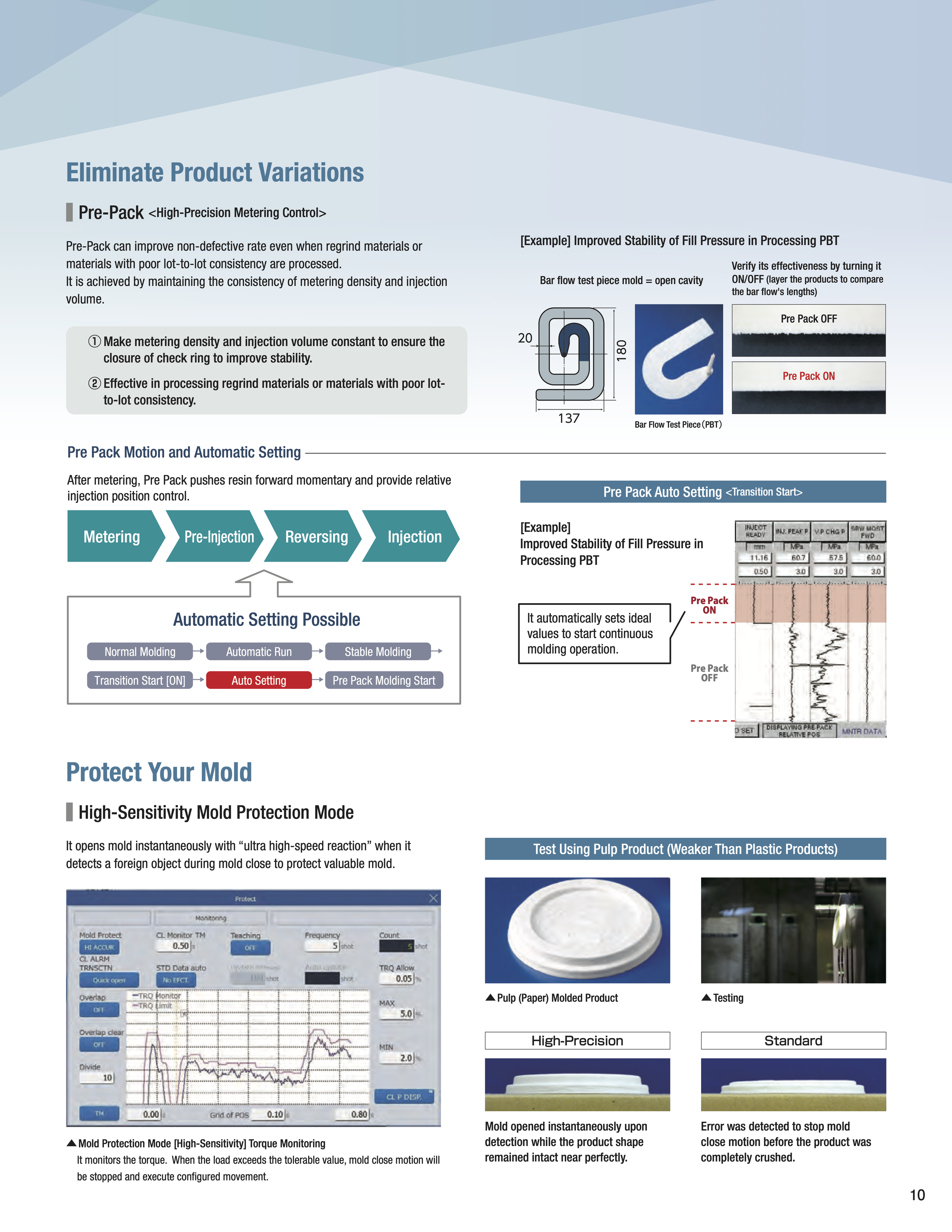 Page from a technical manual titled 'Eliminate Product Variations', discussing pre-pack metering and injection stability, mold protection, and testing of molded products like pulp and standard molds.
