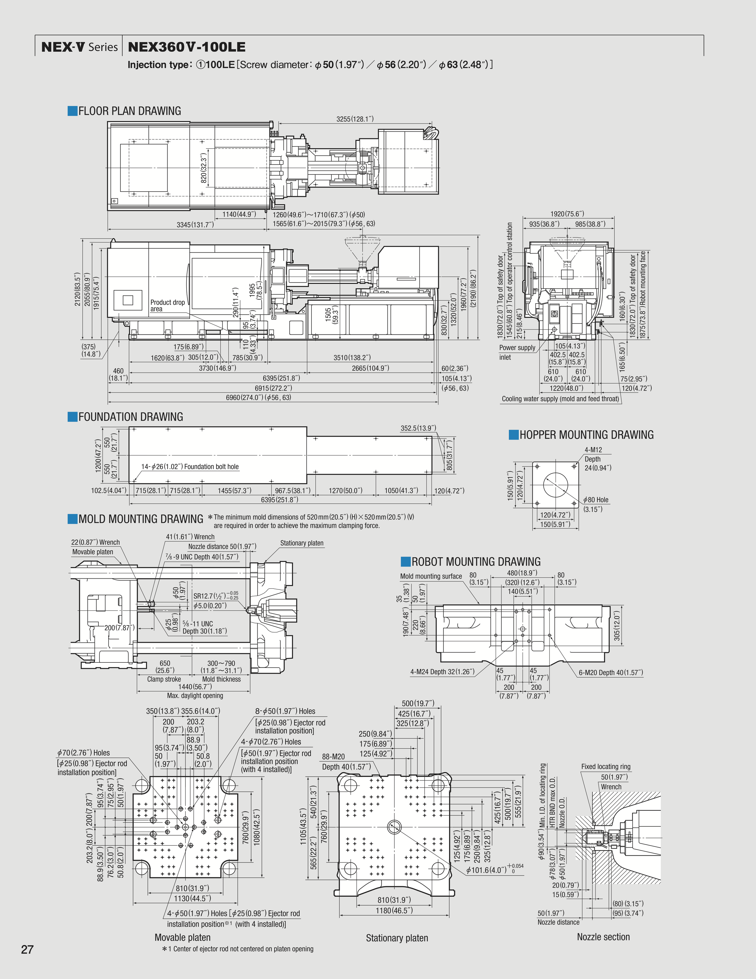 Technical engineering drawing of a robotic system, including floor plan, foundation, mold, hopper, and robot mounting diagrams with detailed measurements and specifications.
