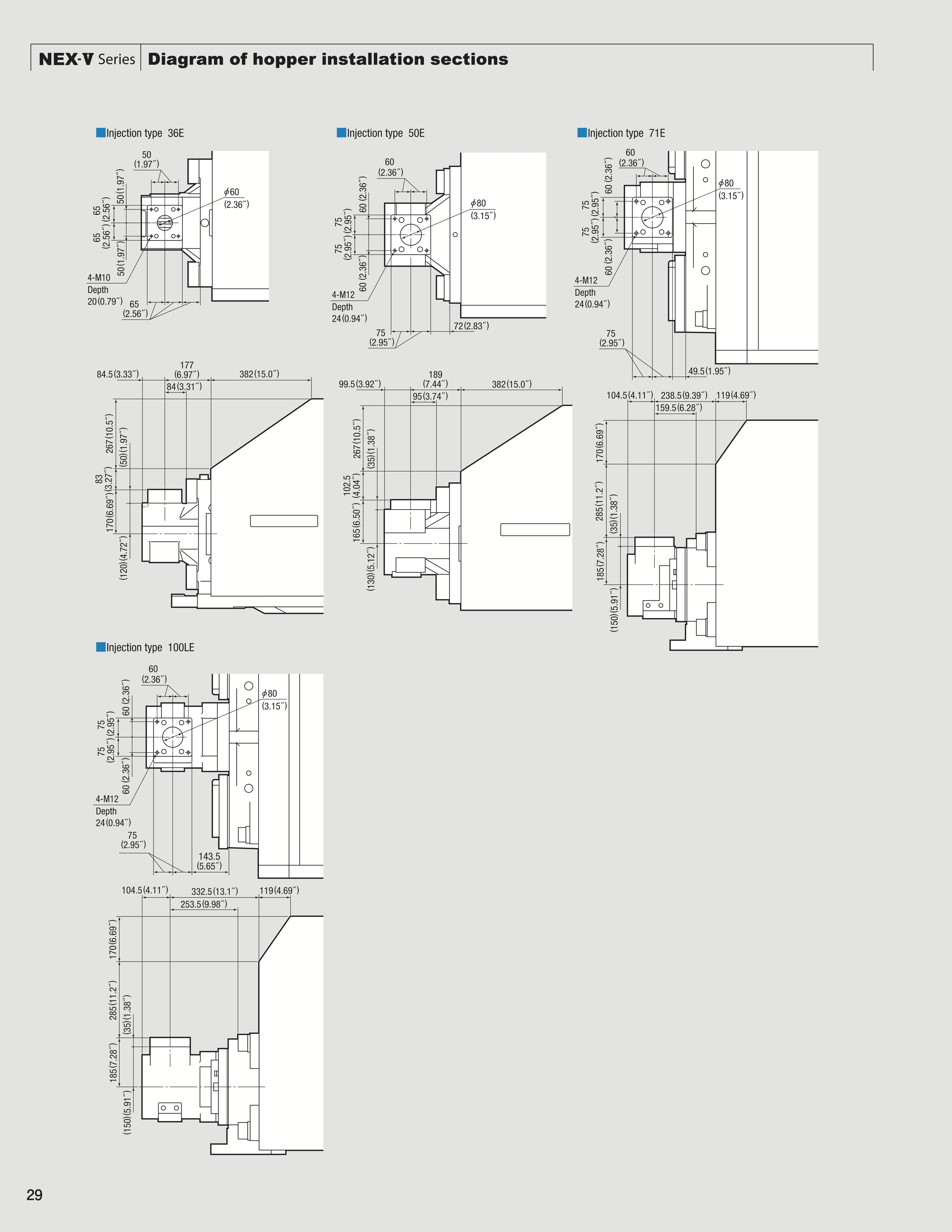 Diagram of hopper installation sections for NEX-V series with multiple technical drawings and measurements.