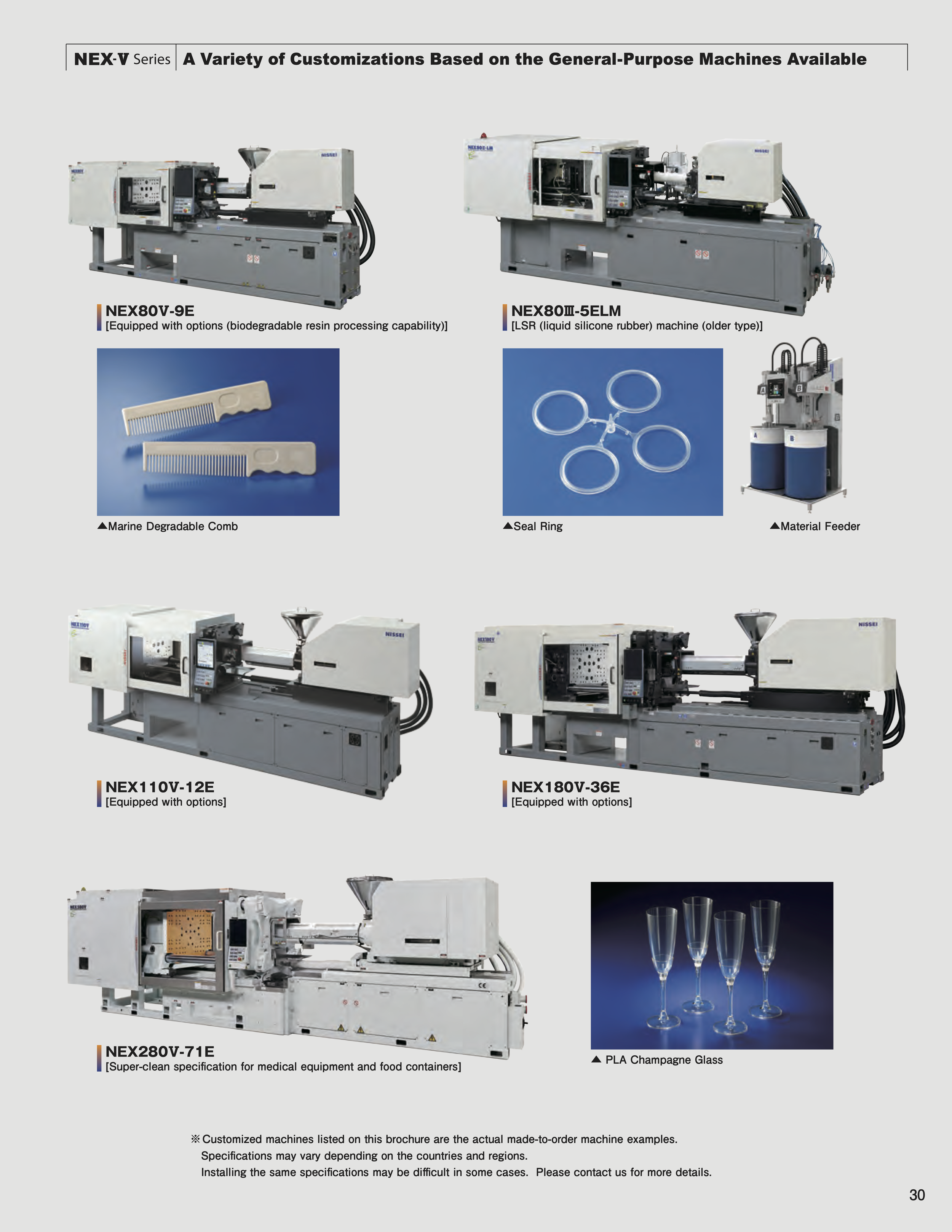 Brochure page showing various industrial machines used for manufacturing, including models NEX80V-9E, NEX80Ⅲ-5ELM, NEX110V-12E, NEX180V-36E, and NEX280V-71E, alongside images of medical and food containers, and champagne glasses.