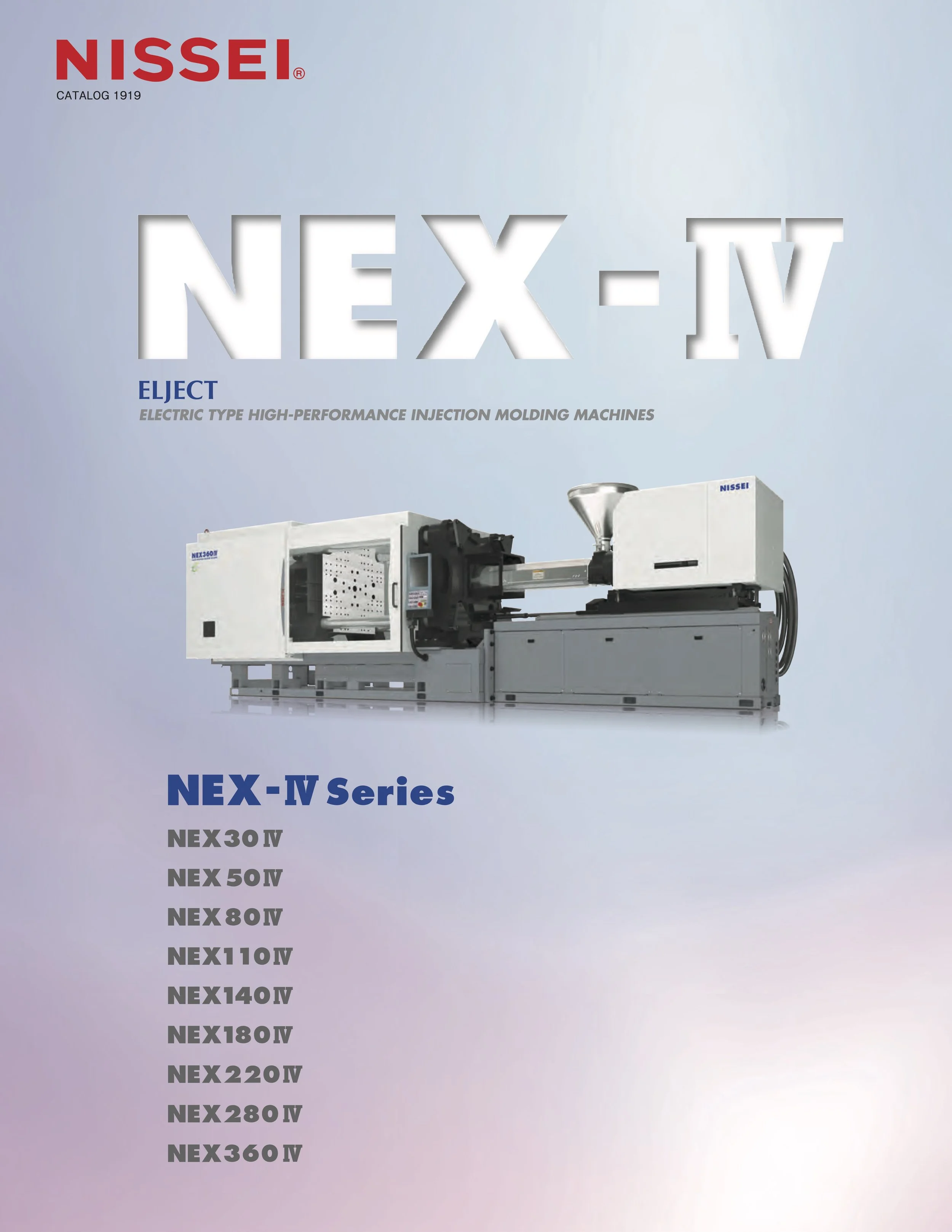 Cover page of Nissei NEX-IV series catalog showing a large injection molding machine with a list of models.