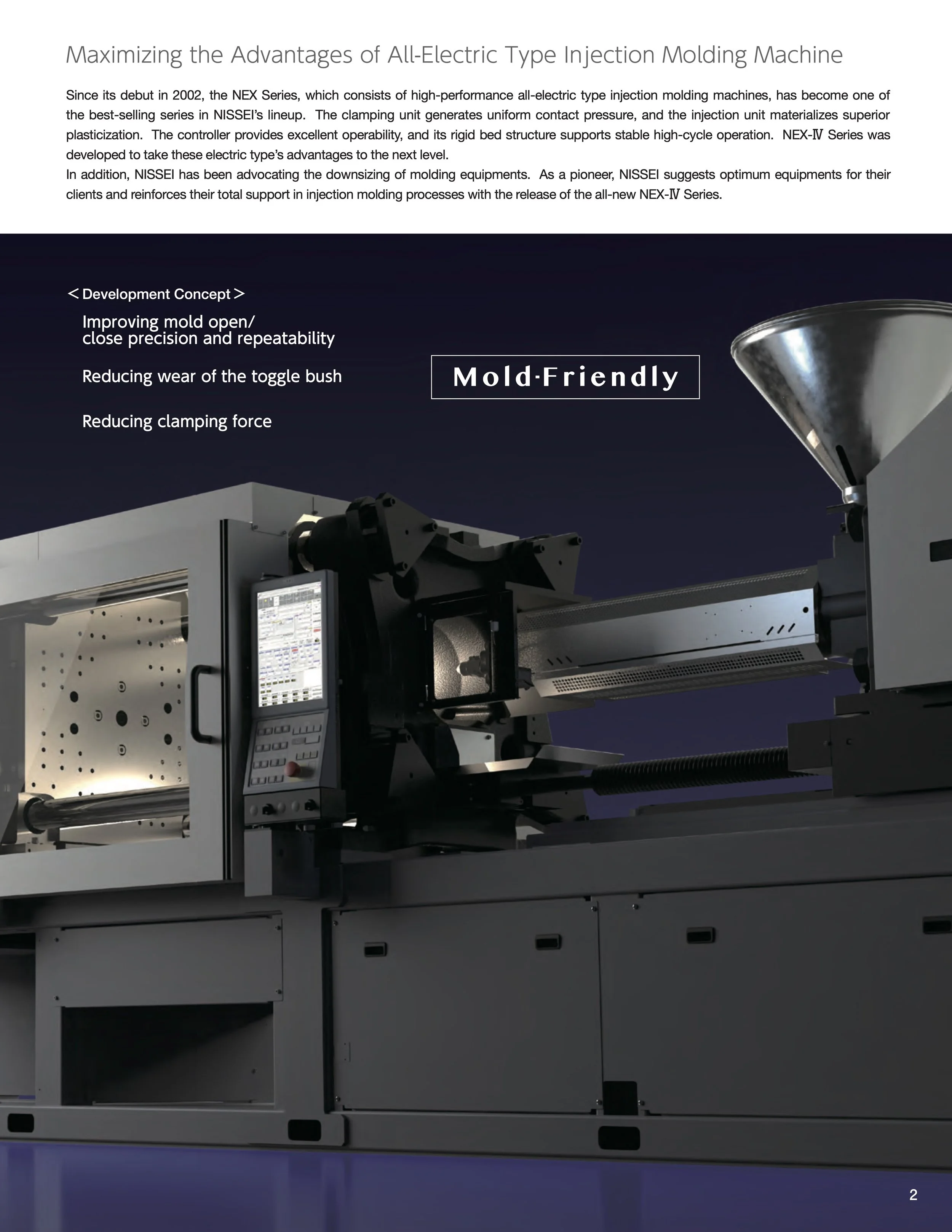 Close-up of an advanced all-electric injection molding machine used for high-performance manufacturing, with a control panel and metallic components, set against a dark background.