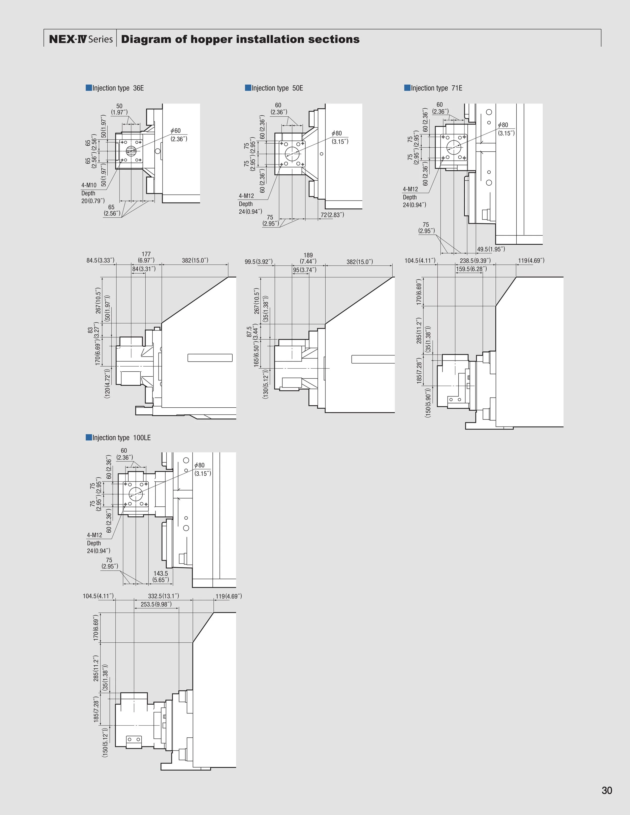 Technical diagram of hopper installation sections for NEX-IT Series, showing different injection types (36E, 50E, 71E, 100LE) with detailed measurements and section views.