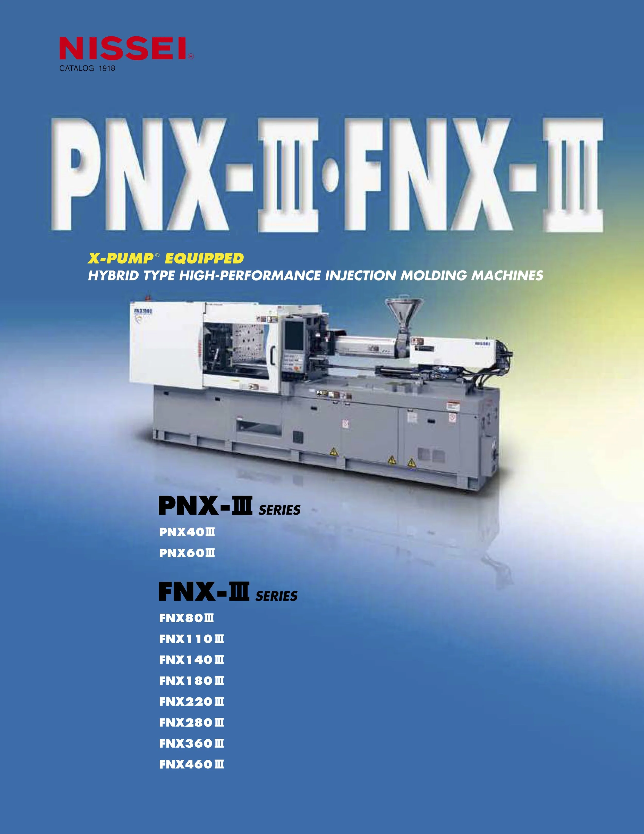 Cover of a catalog featuring high-performance injection molding machines from Nissei, with various models listed including PNX-III and FNX-III series.