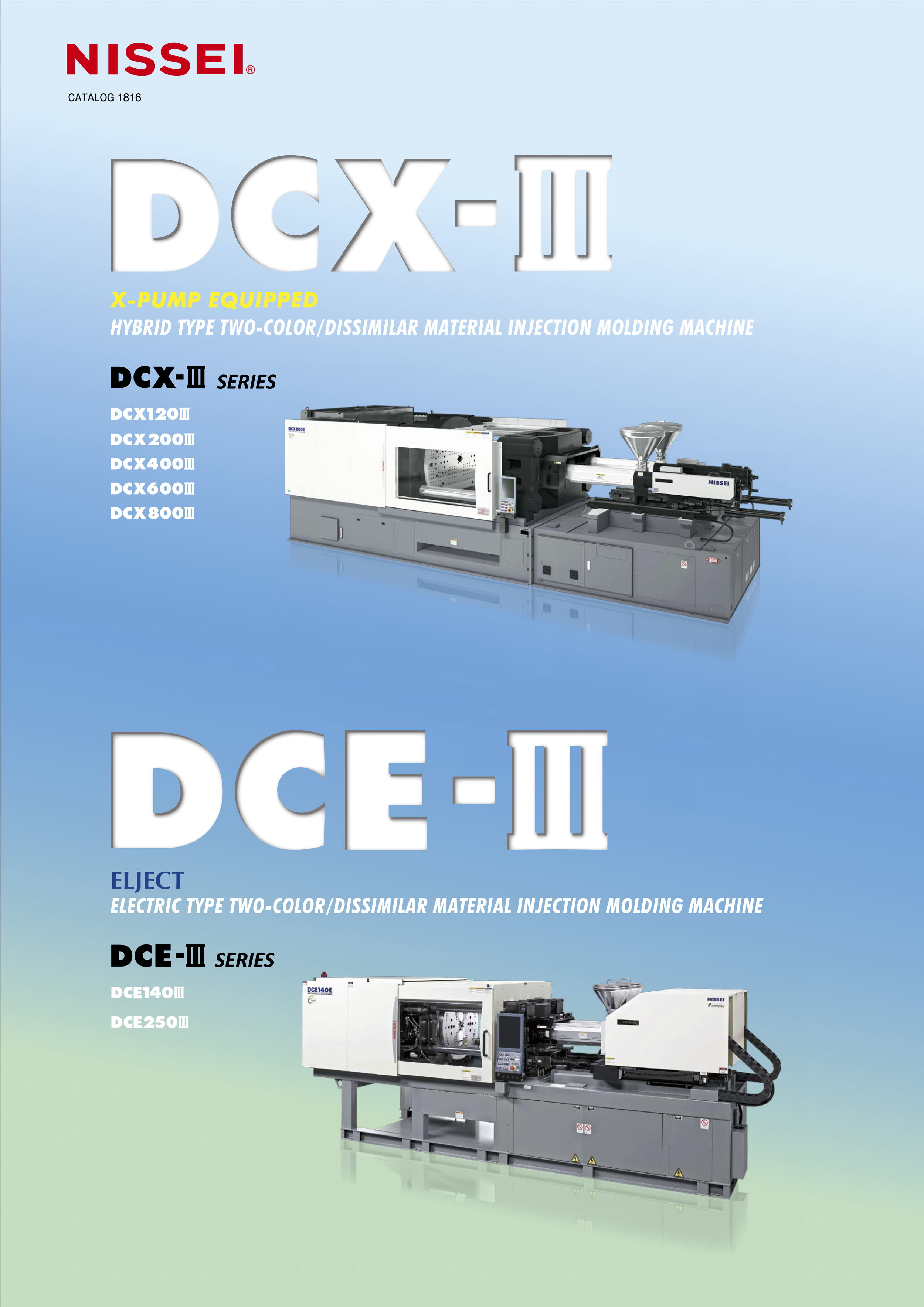 Nissei catalog cover featuring two injection molding machines, the DCX-III series at the top labeled "X-Pump Equipped," and the DCE-III series at the bottom labeled "Eject," with models listed for each series.