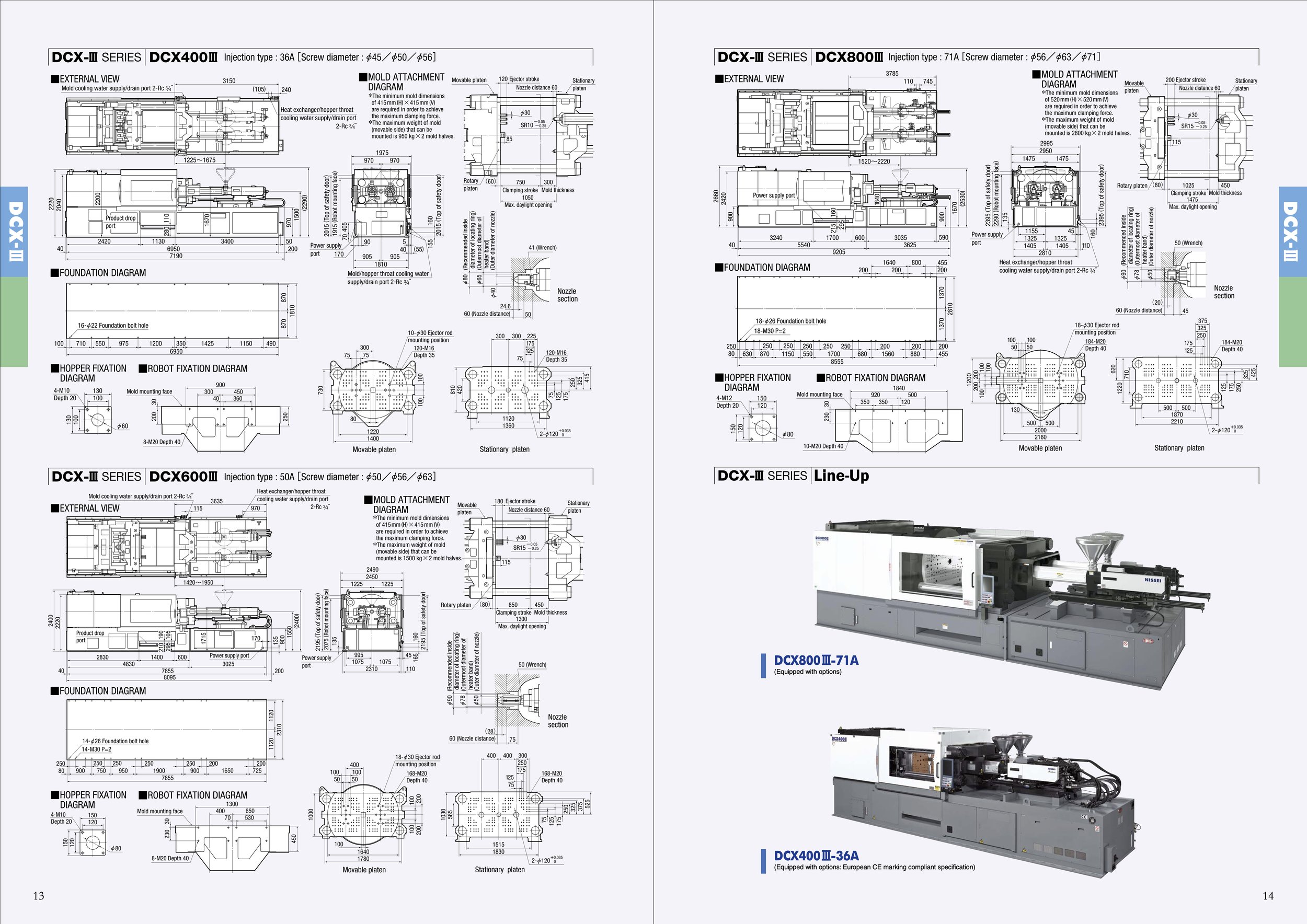 Technical schematics and specifications for DCX-III series injection molding machines, including models DCX400III, DCX600III, and DCX800III, with external views, foundation diagrams, hopper fixation diagrams, robot fixation diagrams, mold attachment diagrams, and line-up images of two machines.