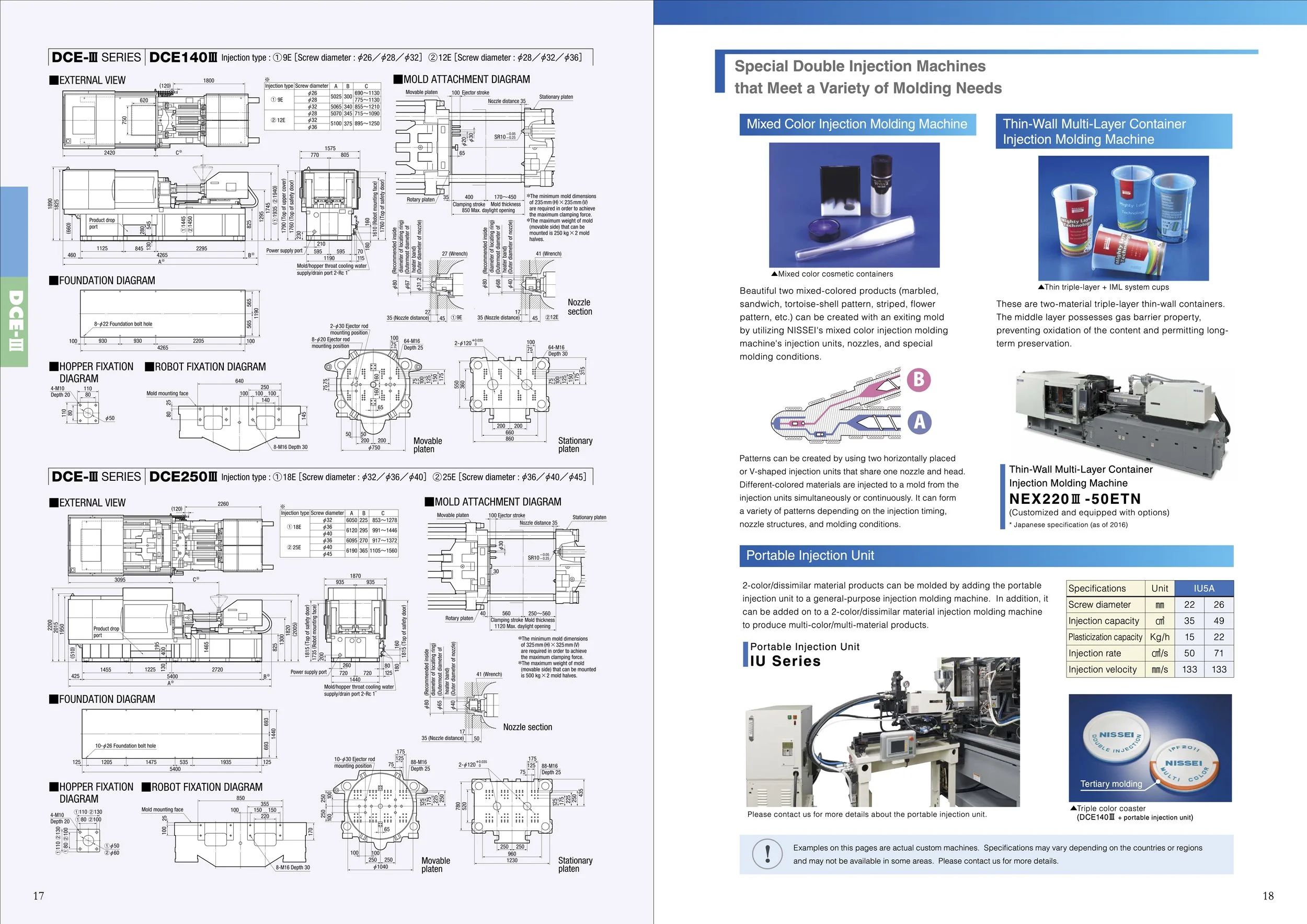 Technical diagrams and descriptions of injection molding machines, including exterior views, foundation diagrams, hopper fixation diagrams, robot fixation diagrams, mold attachment diagrams, and photos of various injection molding machines and containers with detailed specifications.