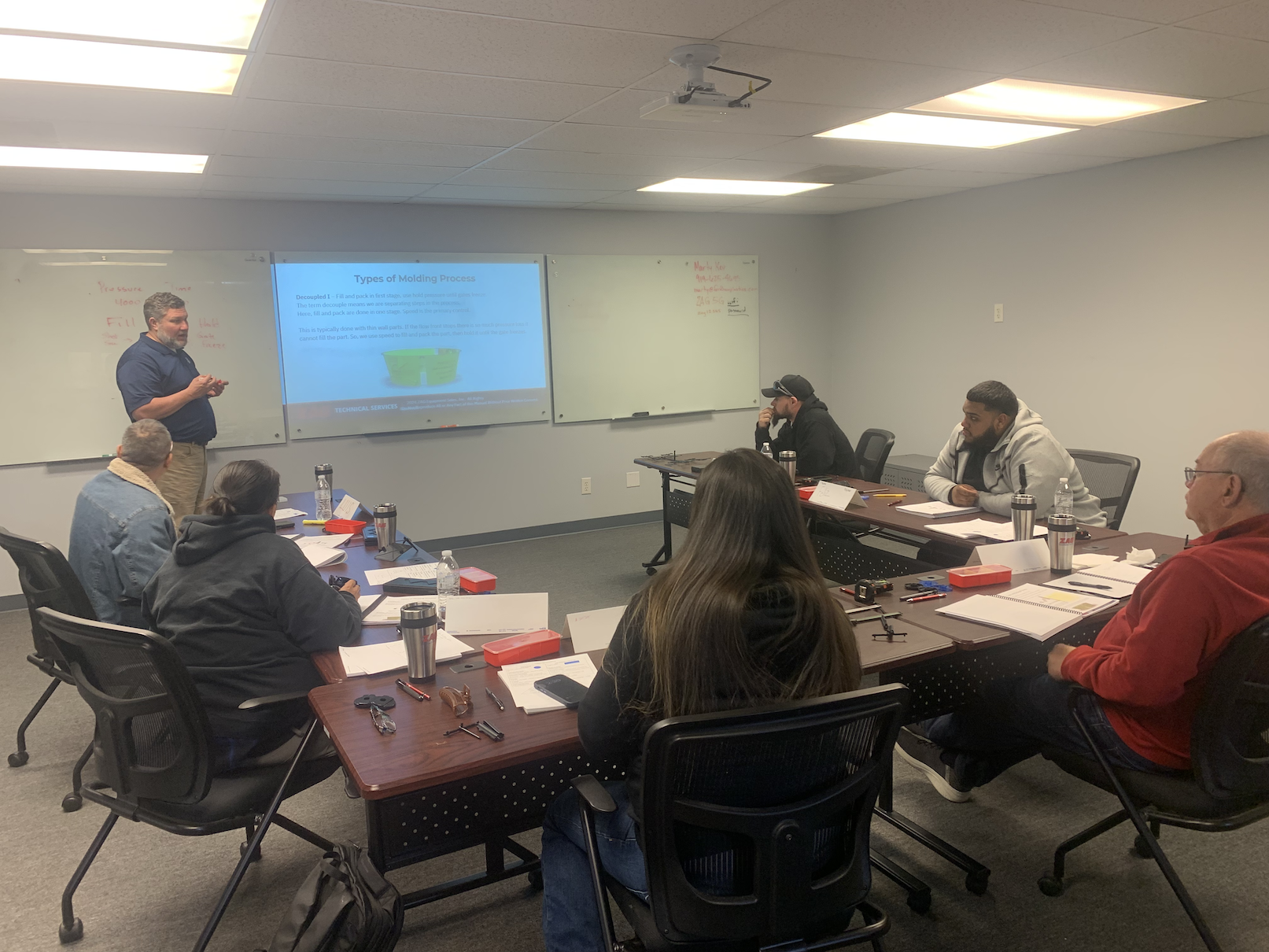 A man is giving a presentation in a conference room with six attendees seated at rectangular tables. The presenter is standing near a whiteboard with writing, and a large screen behind him shows a slide titled 'Types of Molding Process.' Attendees are paying attention, taking notes, and have notebooks, water bottles, and other materials on the tables.