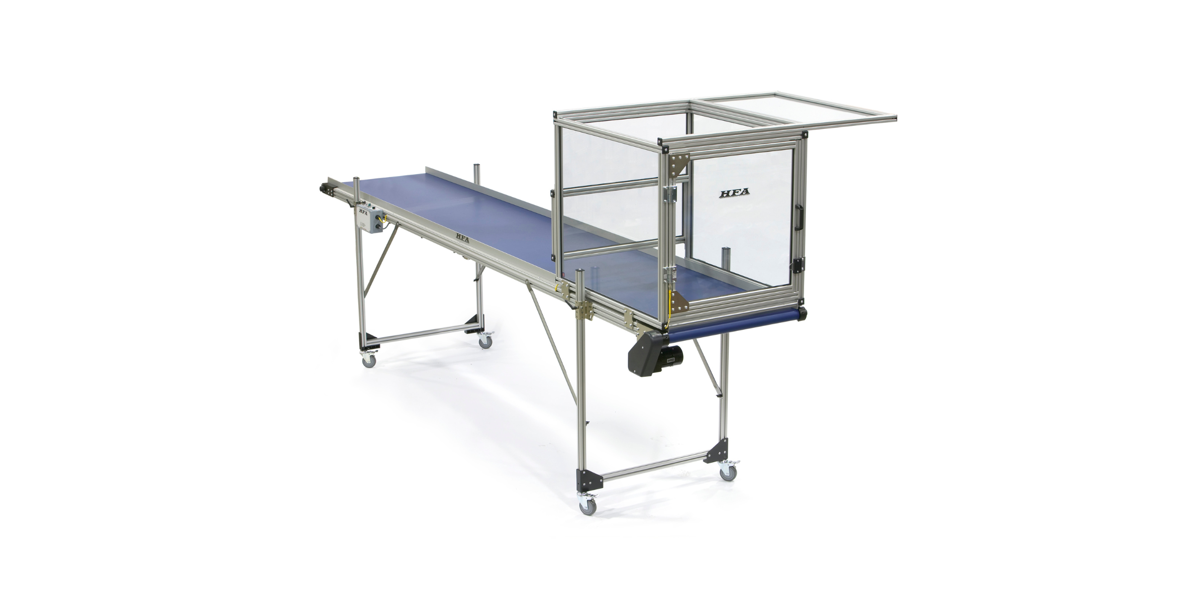 Medical isolation transfer stretcher with a transparent enclosure and blue mattress on metal frame with wheels.