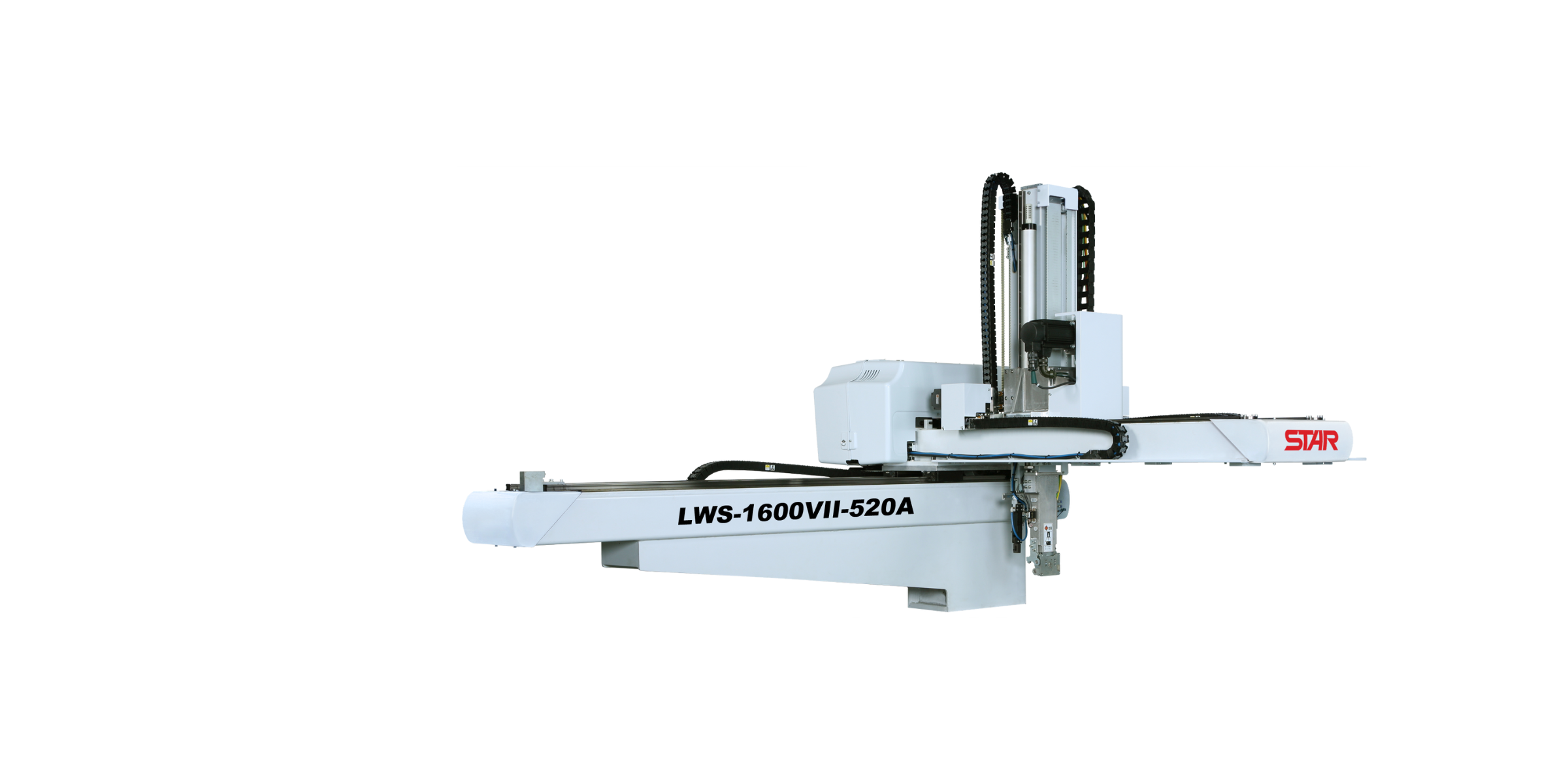 Industrial robotic arm with a white base labeled LWS-1600VII-520A and a red STAR logo, used for automation and manufacturing processes.
