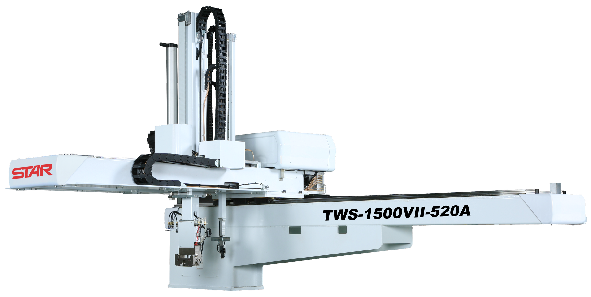 Large white industrial CNC machine with the model number TWS-1500VII-520A and brand name STAR, with a long operational arm and vertical moving components.
