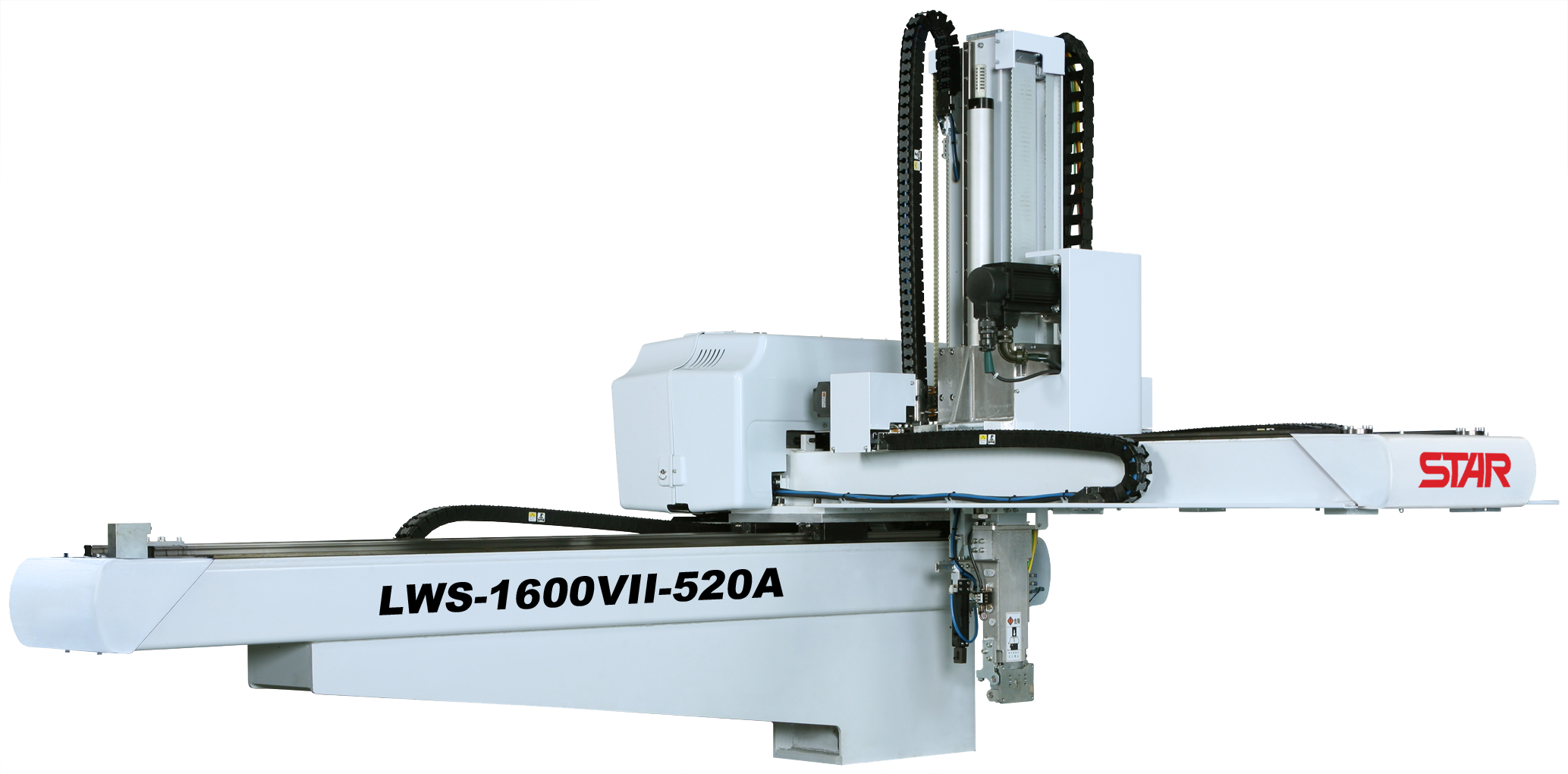 A large industrial robotic machine with a white body, black and silver components, and the brand name STAR in red on the right side. The model number LWS-1600VII-520A is printed in black on the front. It has a long horizontal arm and a vertical track with mechanical and electrical parts.