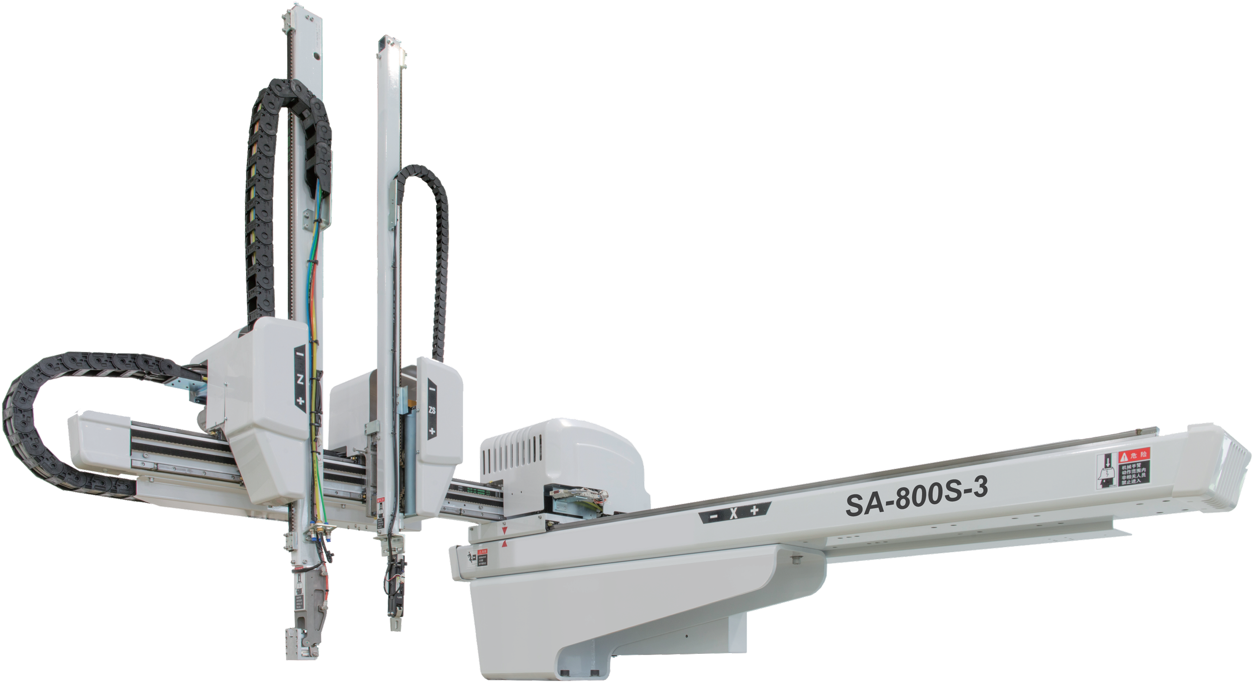 A large, white industrial robot arm with cables and mechanisms, labeled SA-800S-3, isolated on a black background.