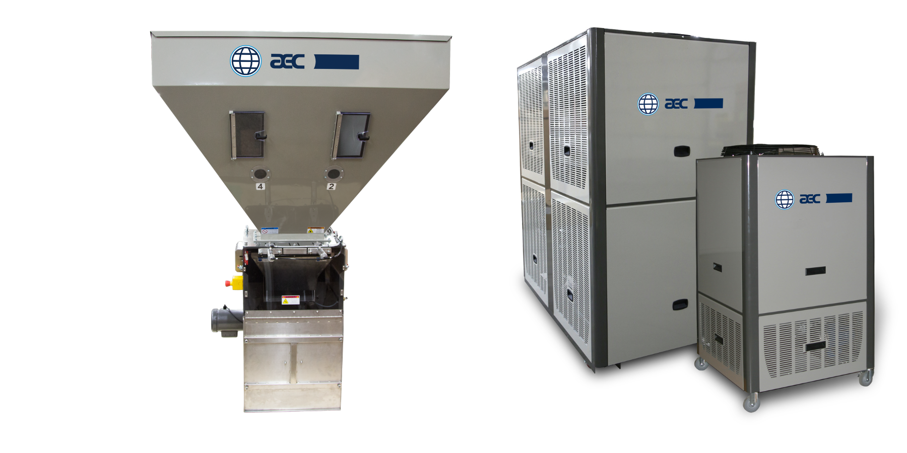 Industrial equipment including a large funnel with numbered doors and fans, and two metal cooling or heating units with vented panels and wheels, all branded with the ACC logo.
