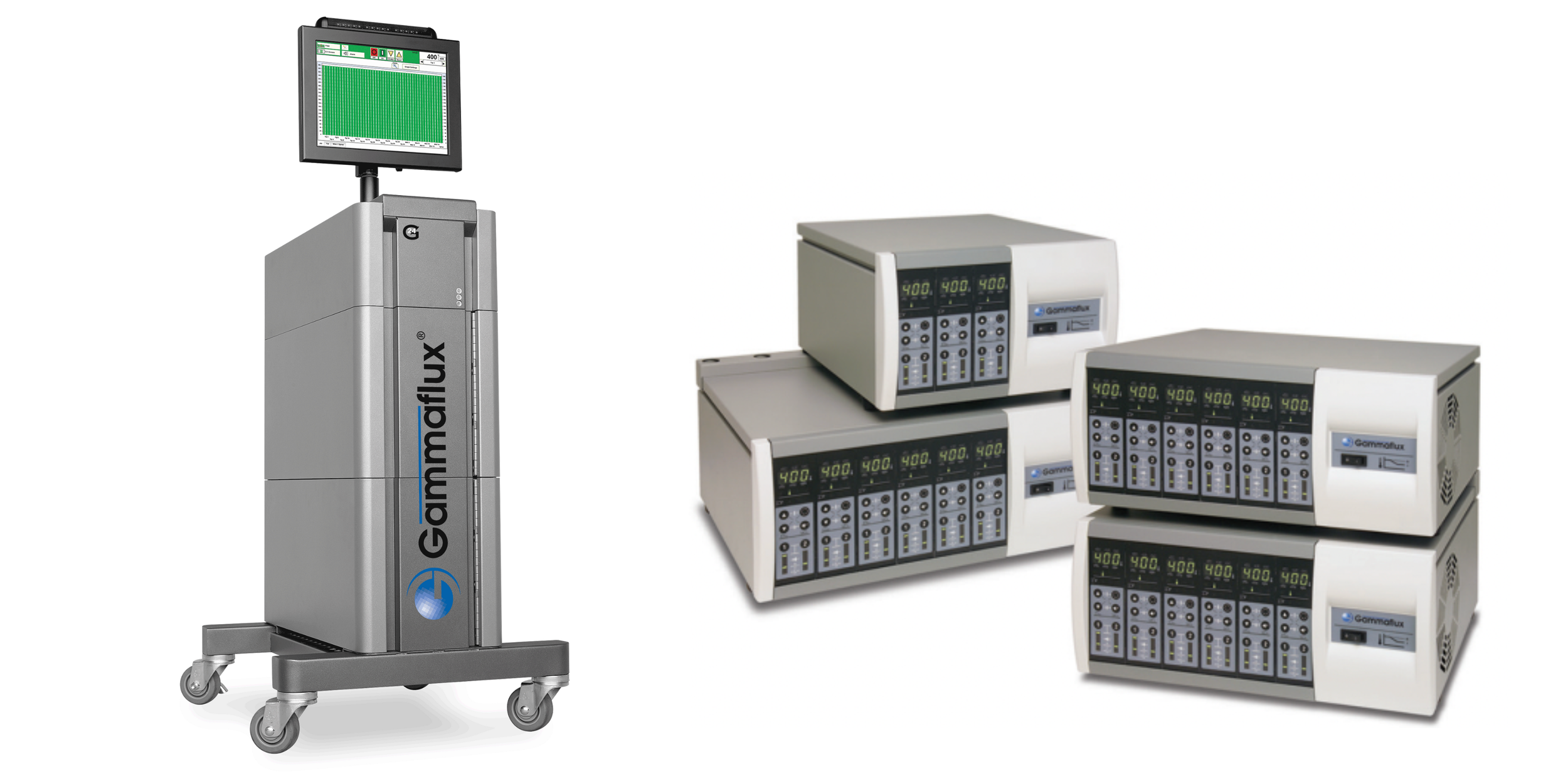 Medical devices from Gammflux, including a portable machine with a touchscreen monitor on top and four stackable units with digital displays, buttons, and vents.