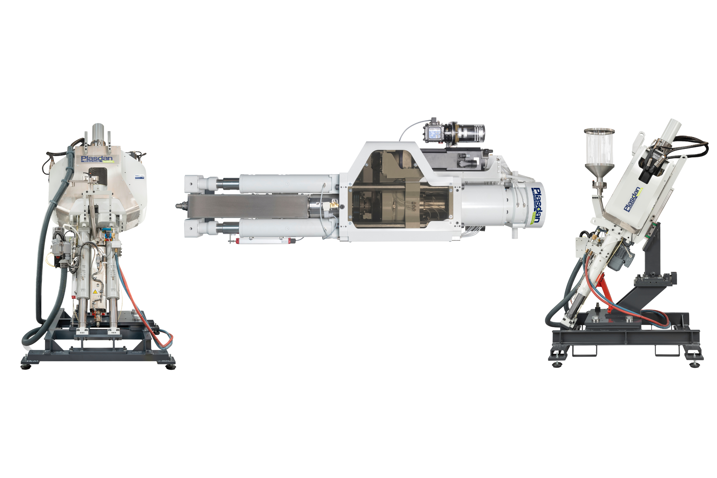 Three advanced laboratory robotic instruments with tubes, wires, and control panels, used for scientific research, arranged in a row against a white background.