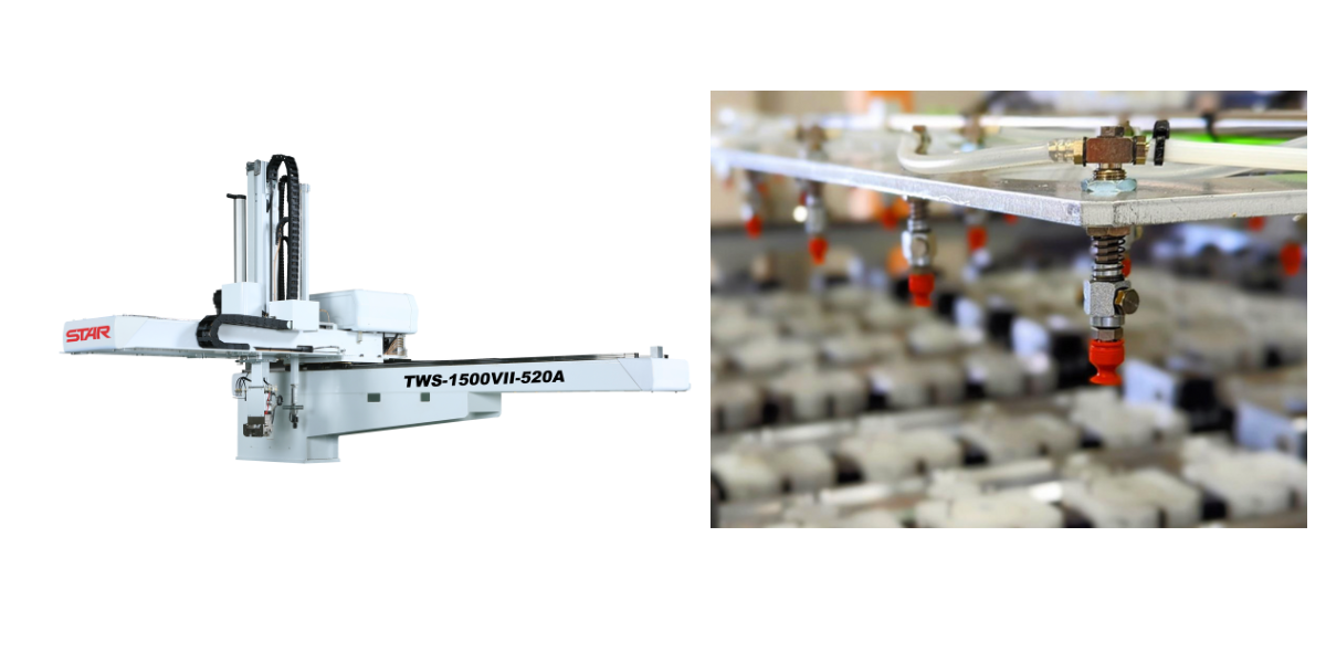 Industrial robotic arm and manufacturing equipment with pipes and fittings.