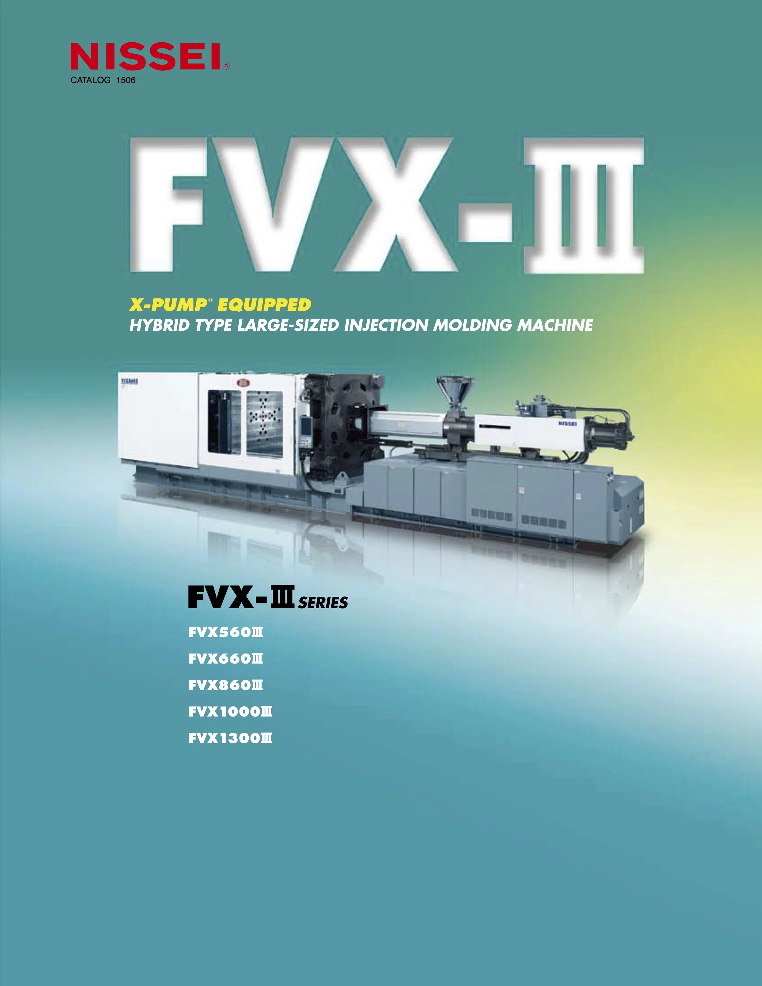 Cover of Nissei FX-XIII series catalog featuring a large injection molding machine and a green gradient background.