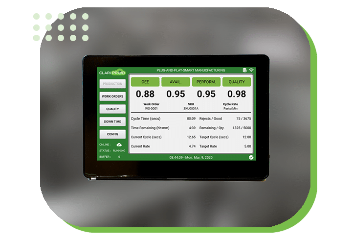 Industrial touchscreen monitor displaying manufacturing performance metrics including OEE, availability, performance, and quality scores, with various operational data and status indicators.