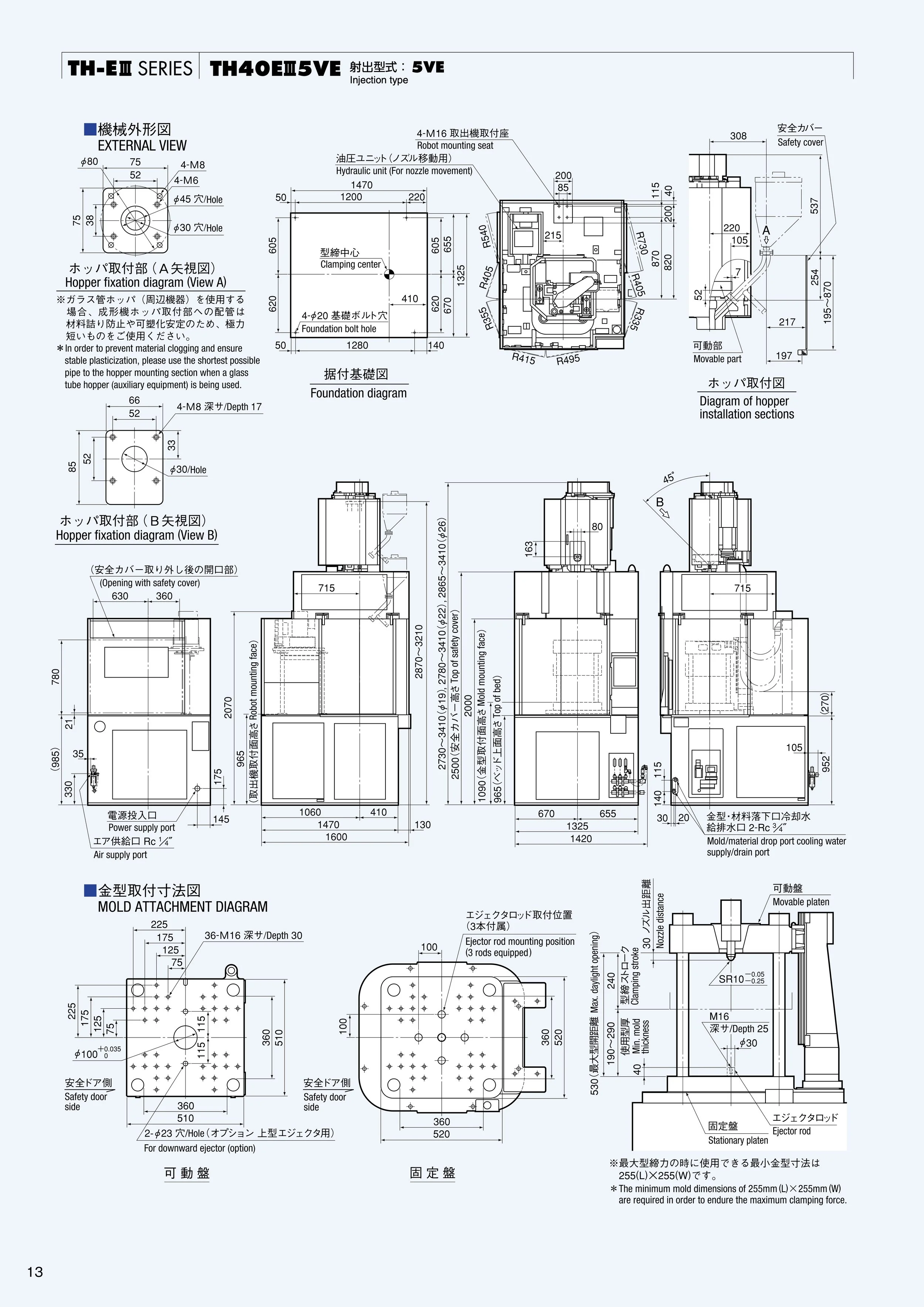 Technical engineering diagram of machinery parts, including external views, foundation diagrams, hopper installation sections, mold attachment, and mold diagram with technical measurements and labels in Japanese and English.