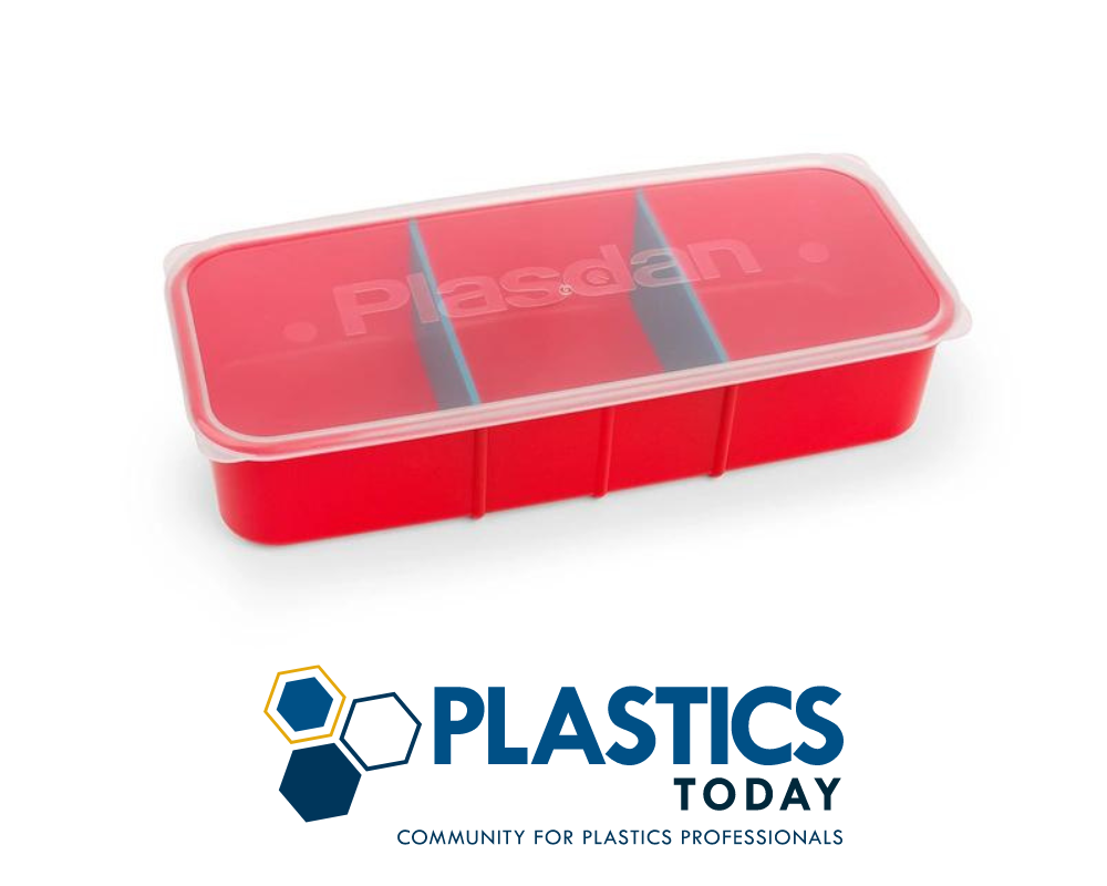 Red plastic storage container with a clear lid and the word 'Plasdan' on the top.