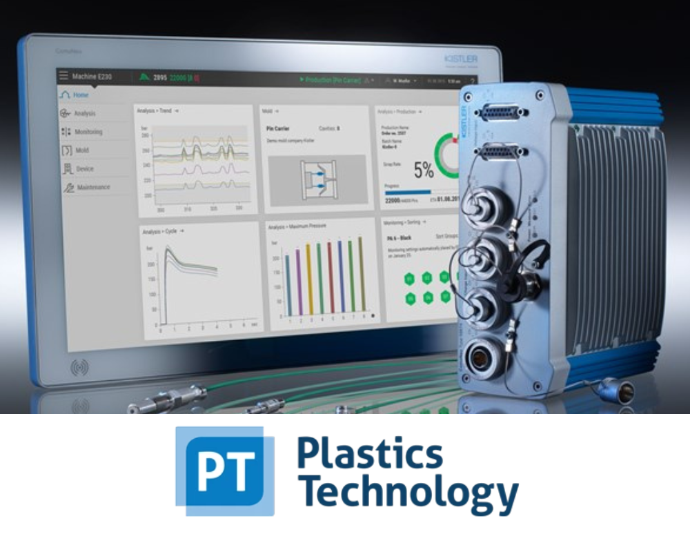 Close-up of a screen displaying data analysis and monitoring charts, connected to a blue industrial control device with various ports, and the text "PT Plastics Technology" at the bottom.