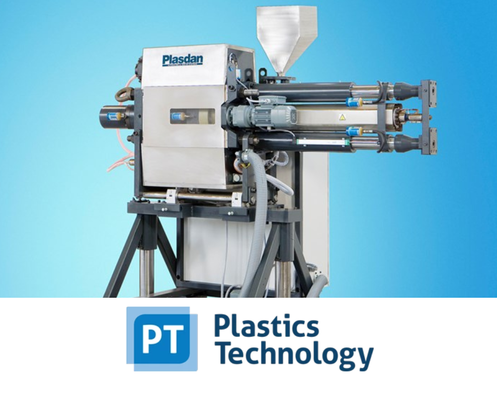 Industrial plastic extrusion machine with a hopper on top, operated by PT Plastics Technology, set against a blue background.