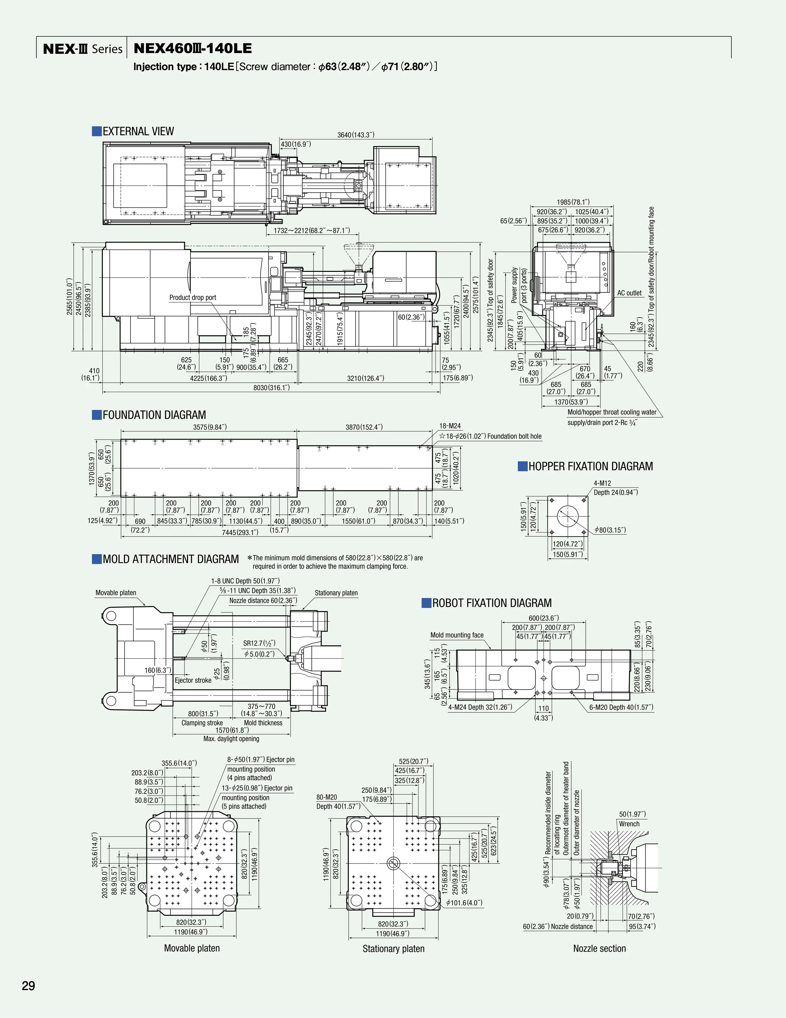 Technical engineering diagrams of a machine, including external view, foundation, hopper fixation, mold attachment, and robot fixation diagrams, with dimensions and specifications.