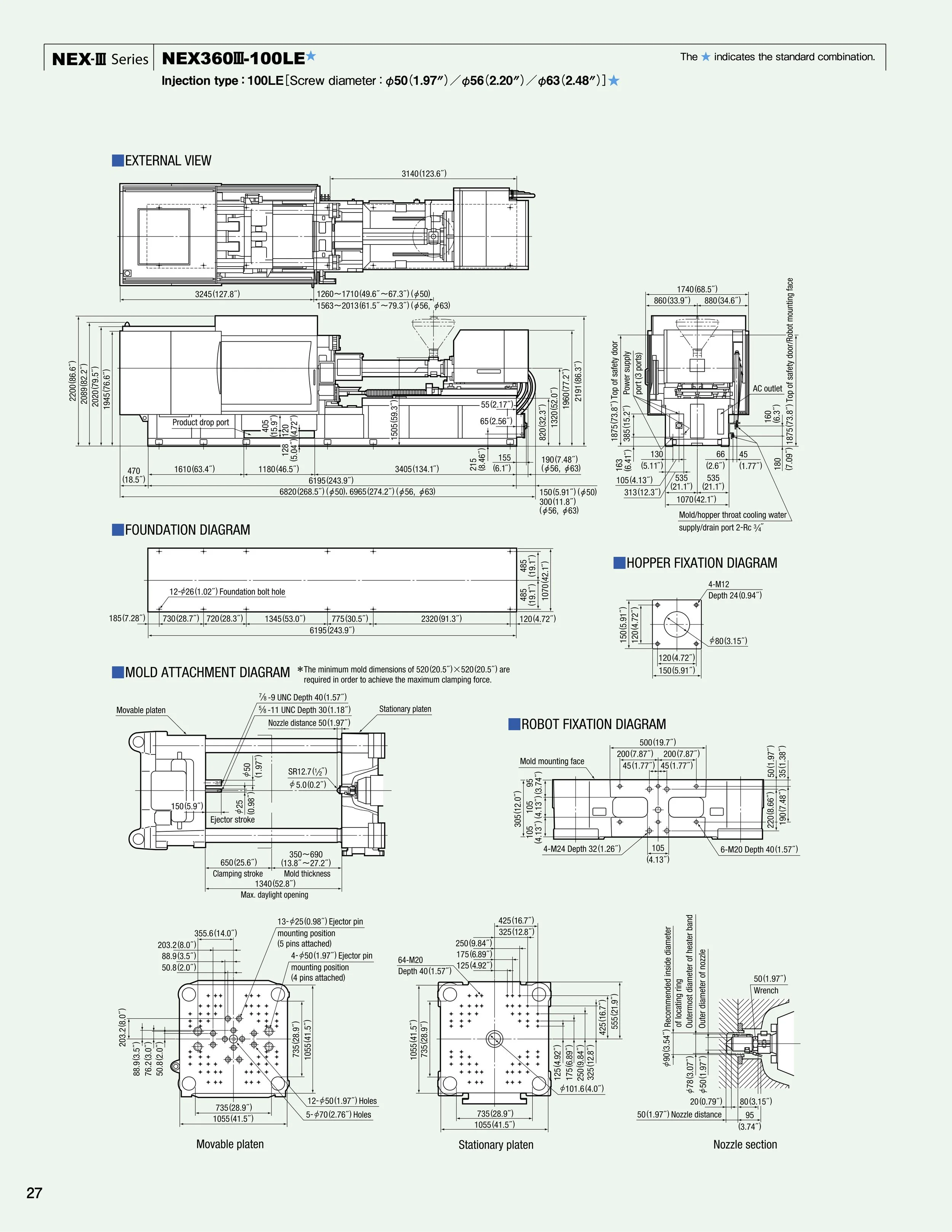 Technical engineering drawing of a robotic system, including external view, foundation diagram, mold attachment, hopper fixation, and robot fixation diagrams with detailed measurements and labels.