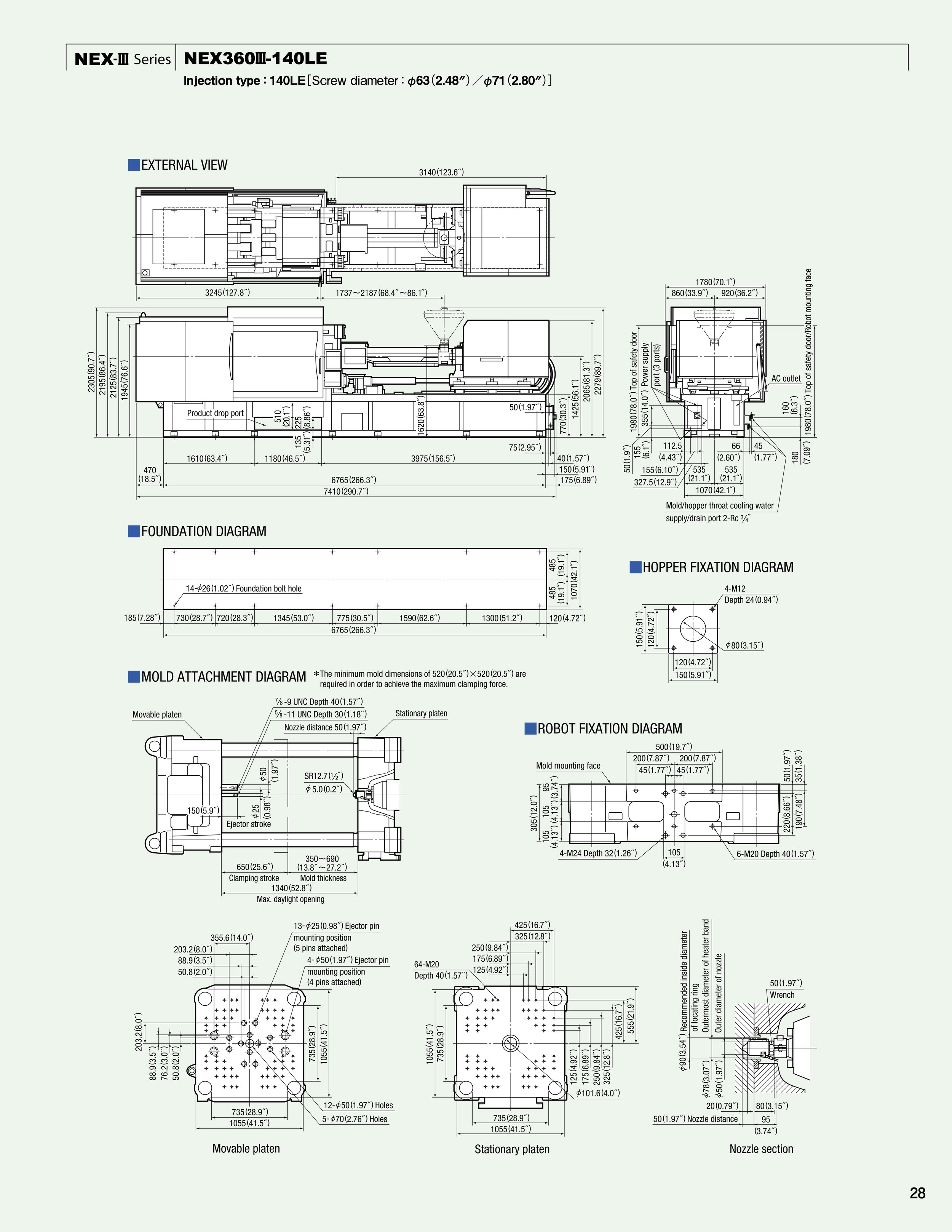 Technical engineering diagram for NEX III series NX3600 III-140LE with detailed external view, foundation diagram, hopper fixation diagram, mold attachment diagram, and robot fixation diagram, including measurements in millimeters and inches.