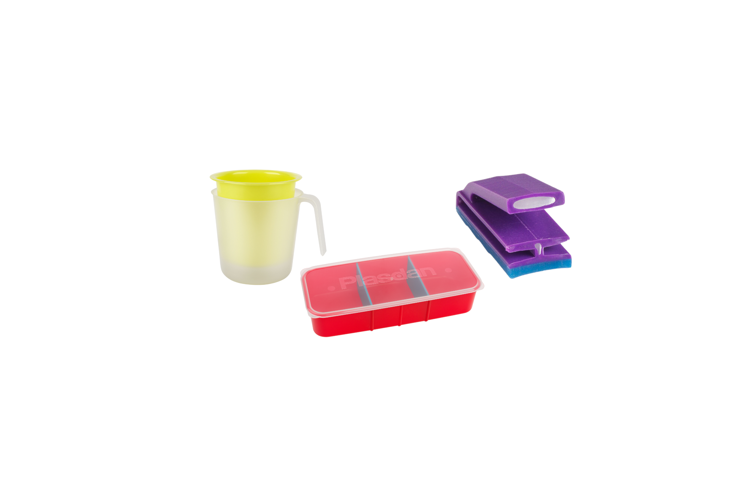 A collection of colorful lunch containers including a yellow cup with a lid, a red rectangular container with a lid, and a dozen stacked small plastic containers in purple, pink, and blue.