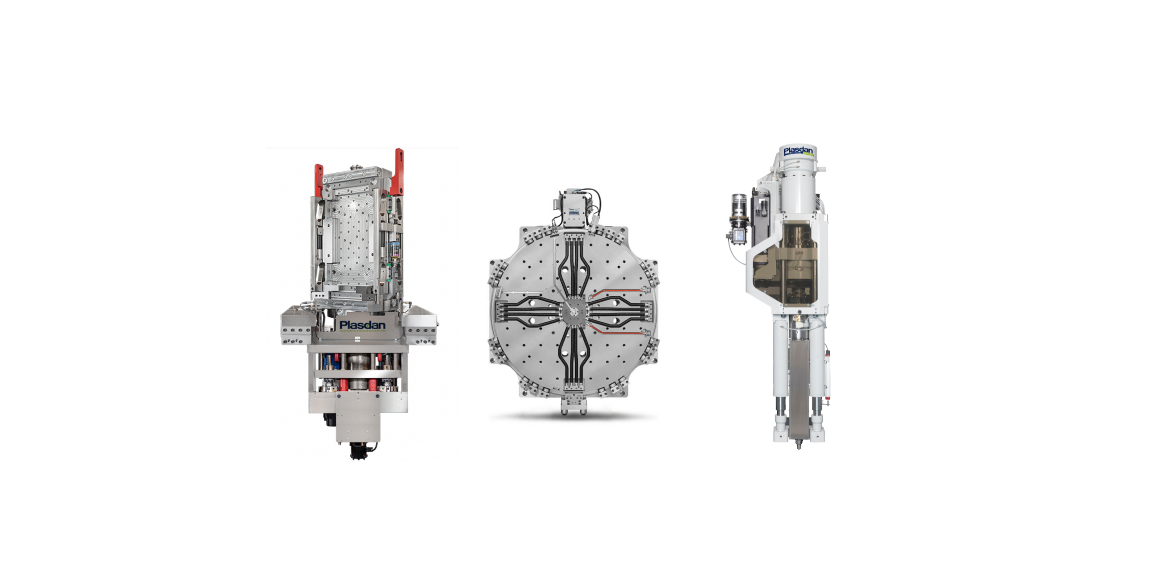 Three industrial robotics components, two vertical and one horizontal, with visible wiring and mechanical parts, branded Plasdan.