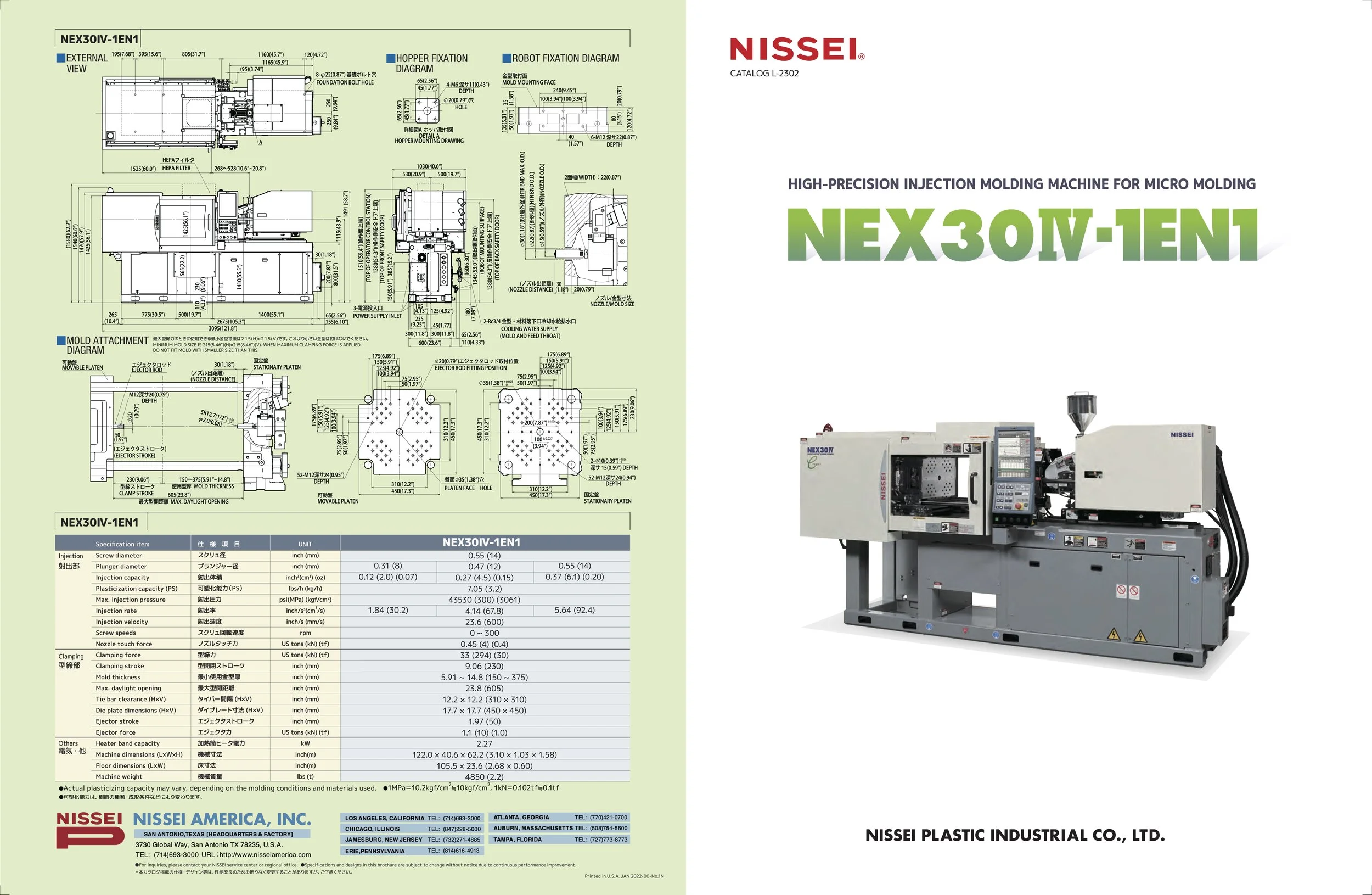 Technical diagram and specifications for NEX30IV-1EN1 high-precision injection molding machine by Nissei, showing detailed views and measurements.