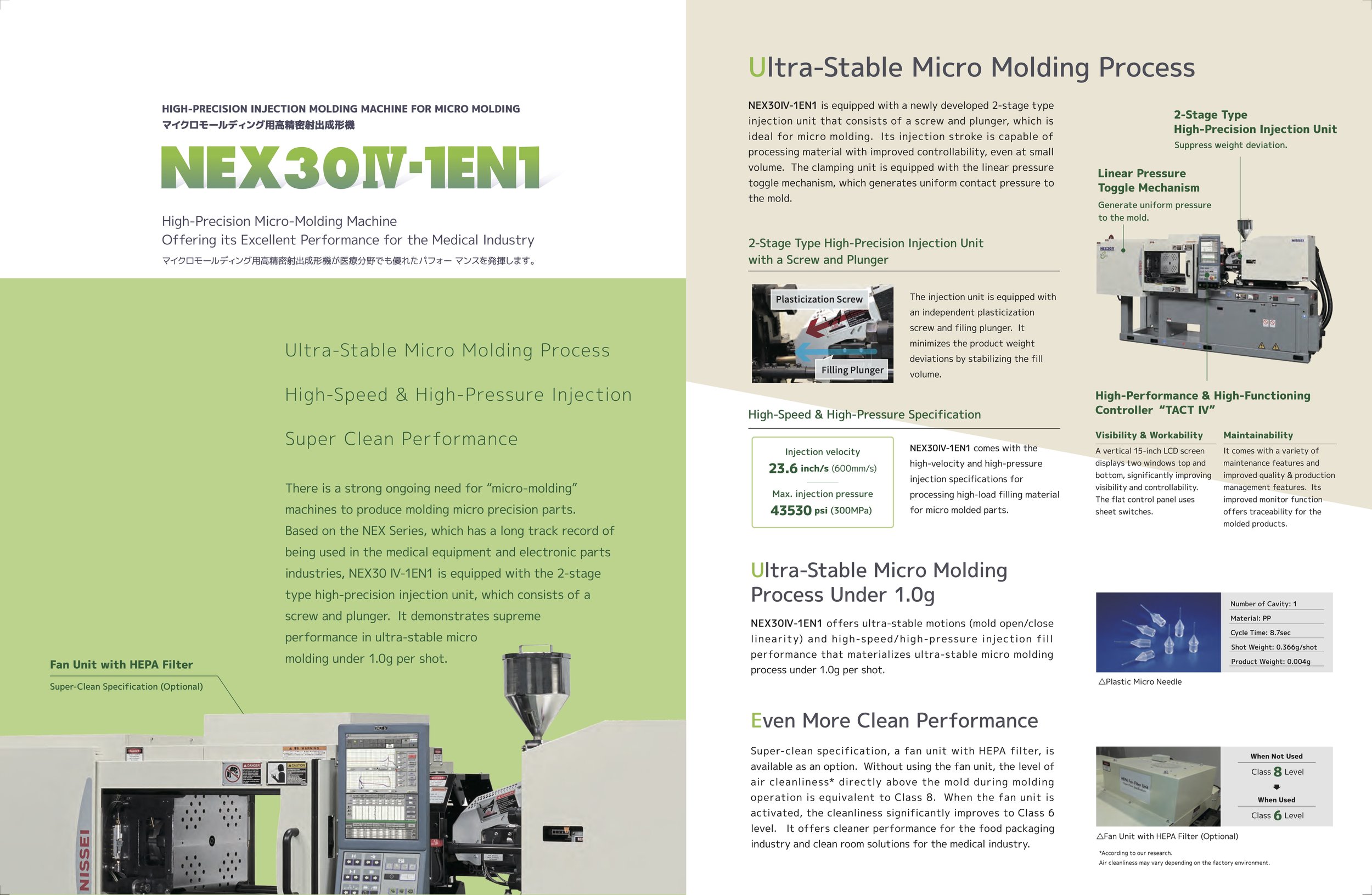 Technical brochure for NEX30V-1EN1 micro molding machine, featuring specifications, features, and images of injection molding equipment.