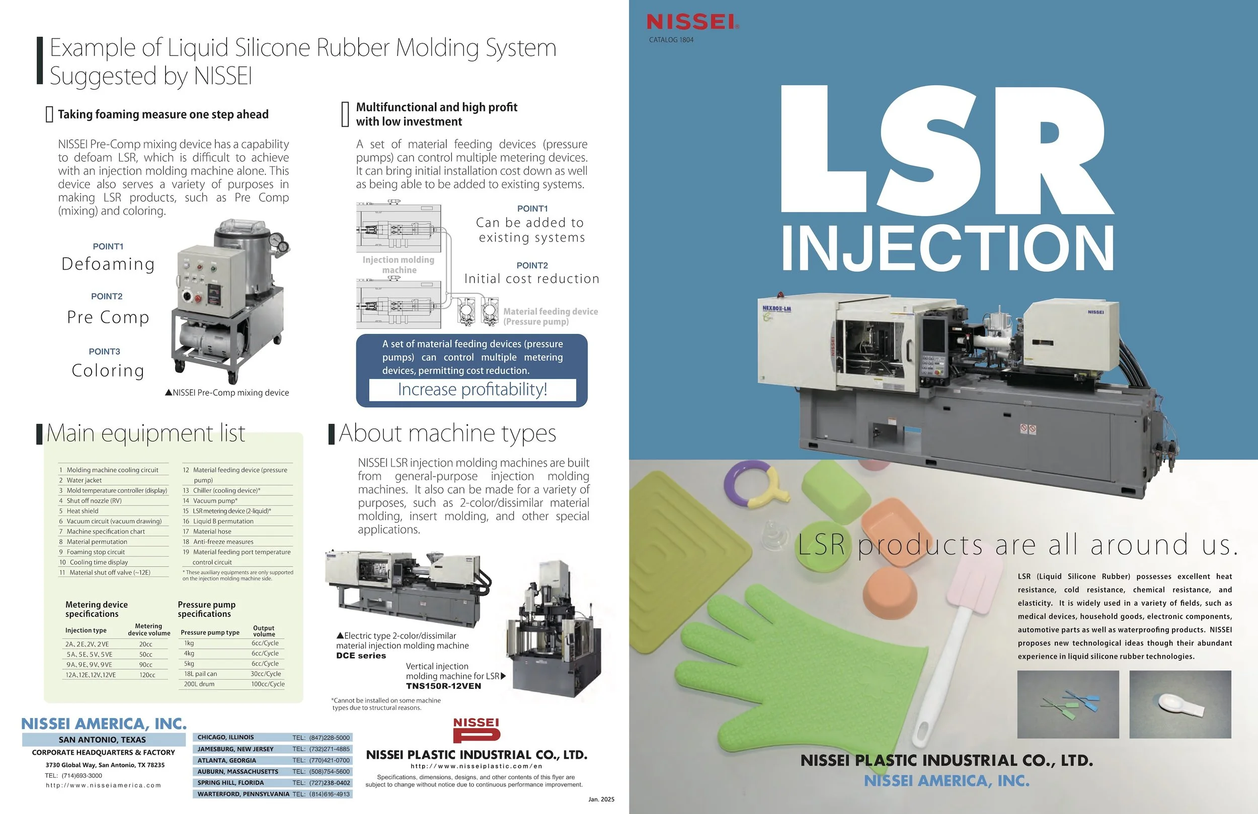 Brochure showcasing liquid silicone rubber injection molding machine, with images of the machine, a set of assorted colorful silicone products, and details about machine types, specifications, and benefits.
