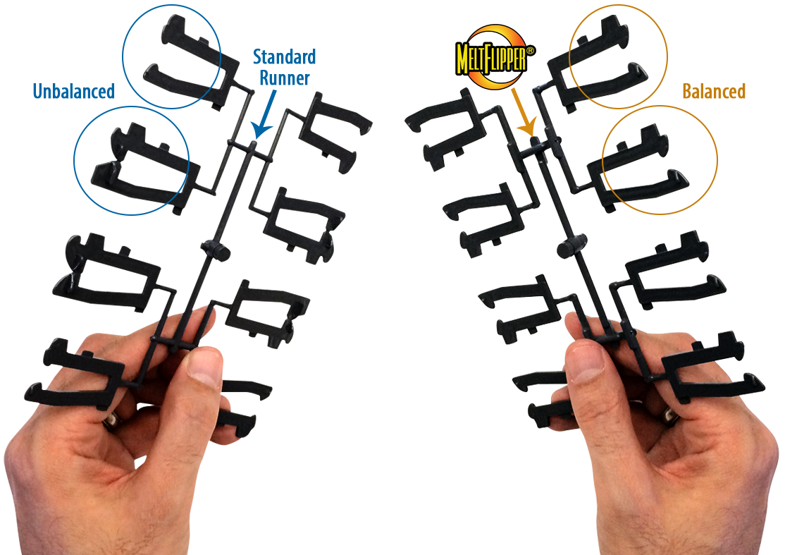 Comparison of unbalanced and balanced skateboard trucks held by hands, labeled with blue for unbalanced and orange for balanced, with a MeteFlipper logo in the middle.