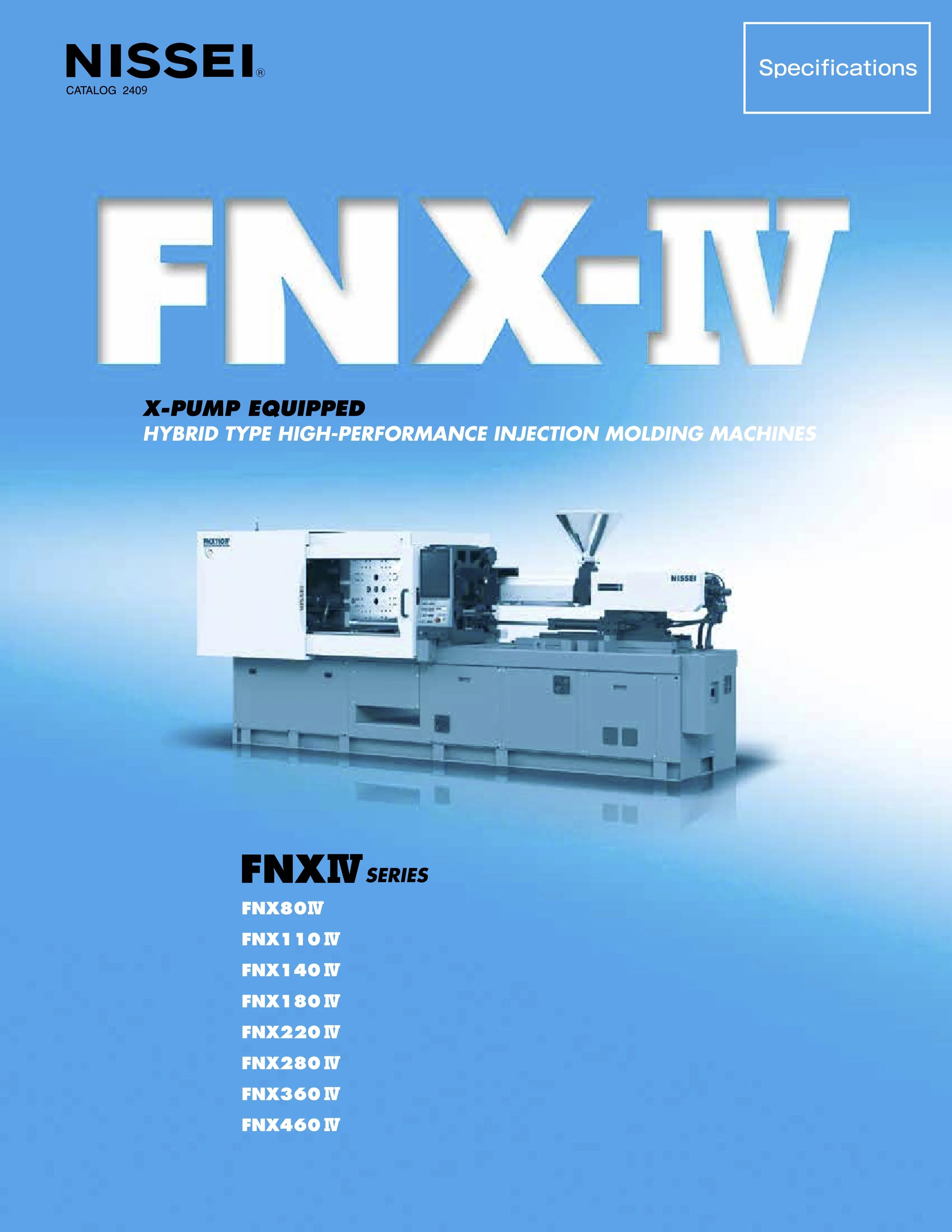 Cover page of a catalog for Nissei FNX-IV series high-performance injection molding machines, featuring an image of a large industrial injection molding machine on a blue background.