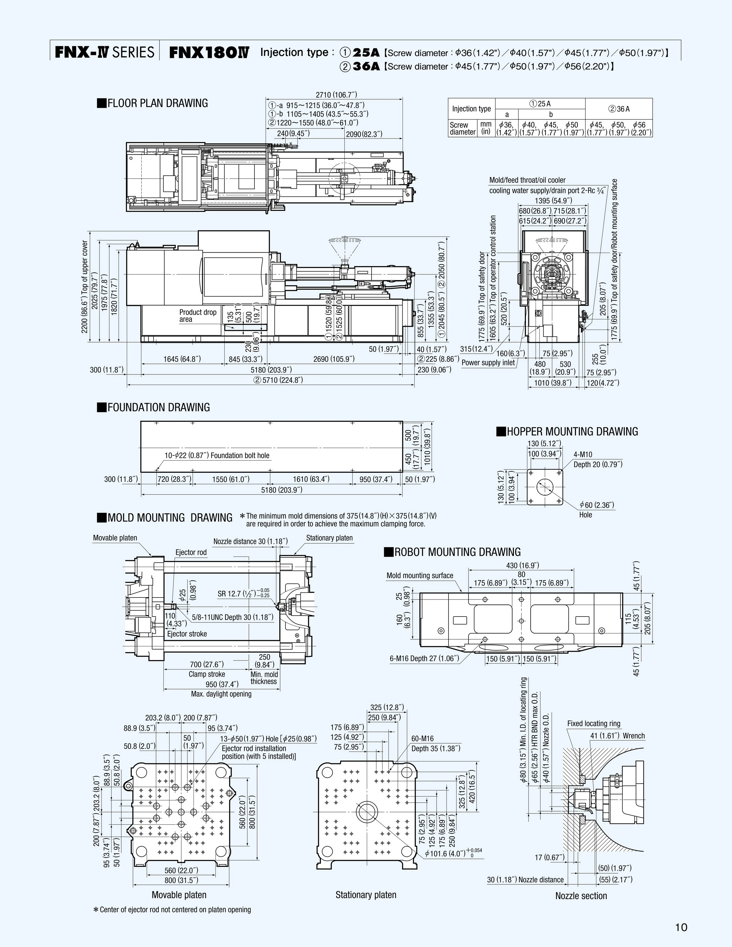 Technical engineering diagram of an injection molding machine with detailed measurements, foundation, mold, hopper, and robot mounting drawings.