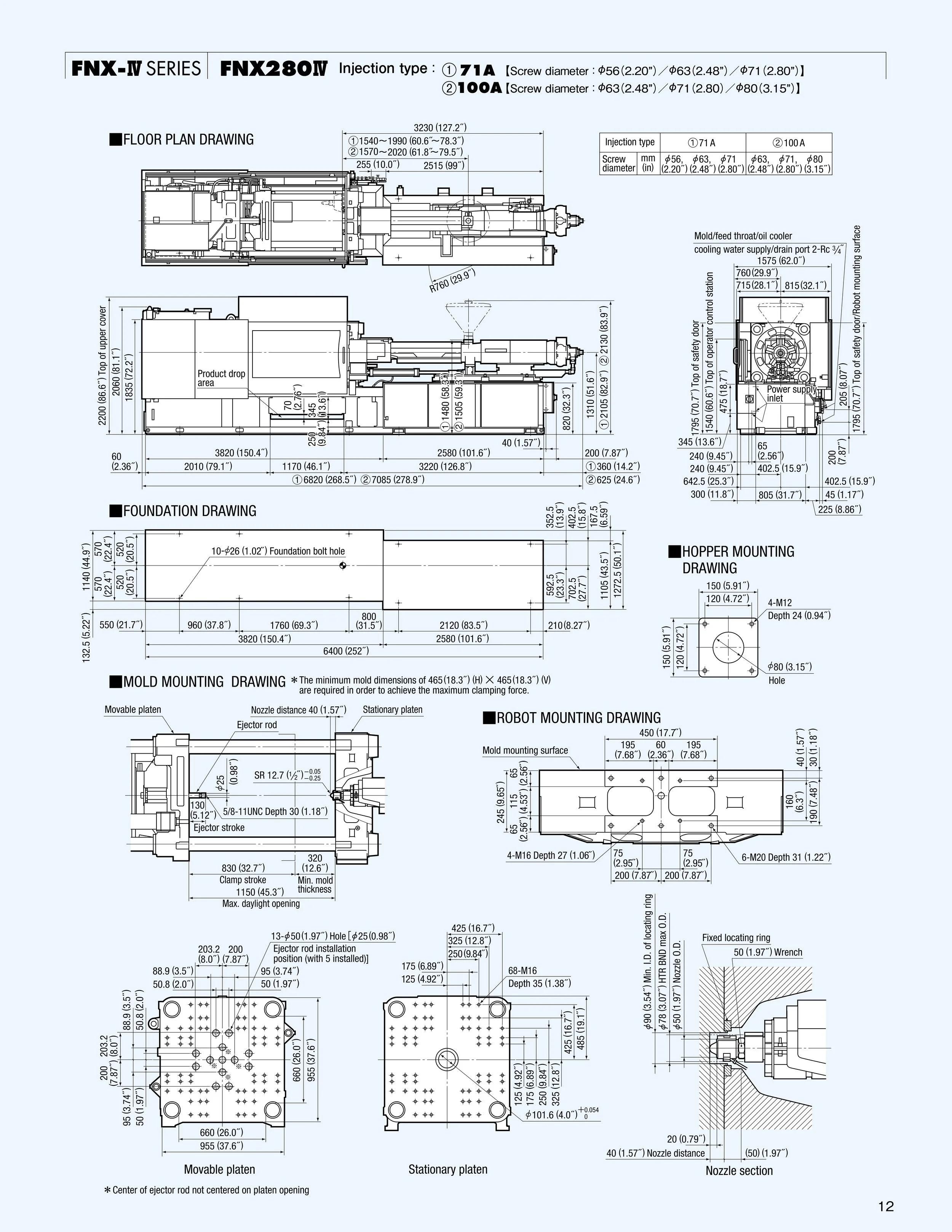 Technical schematic drawing of a robotic injection molding machine with detailed dimensions and mounting instructions.