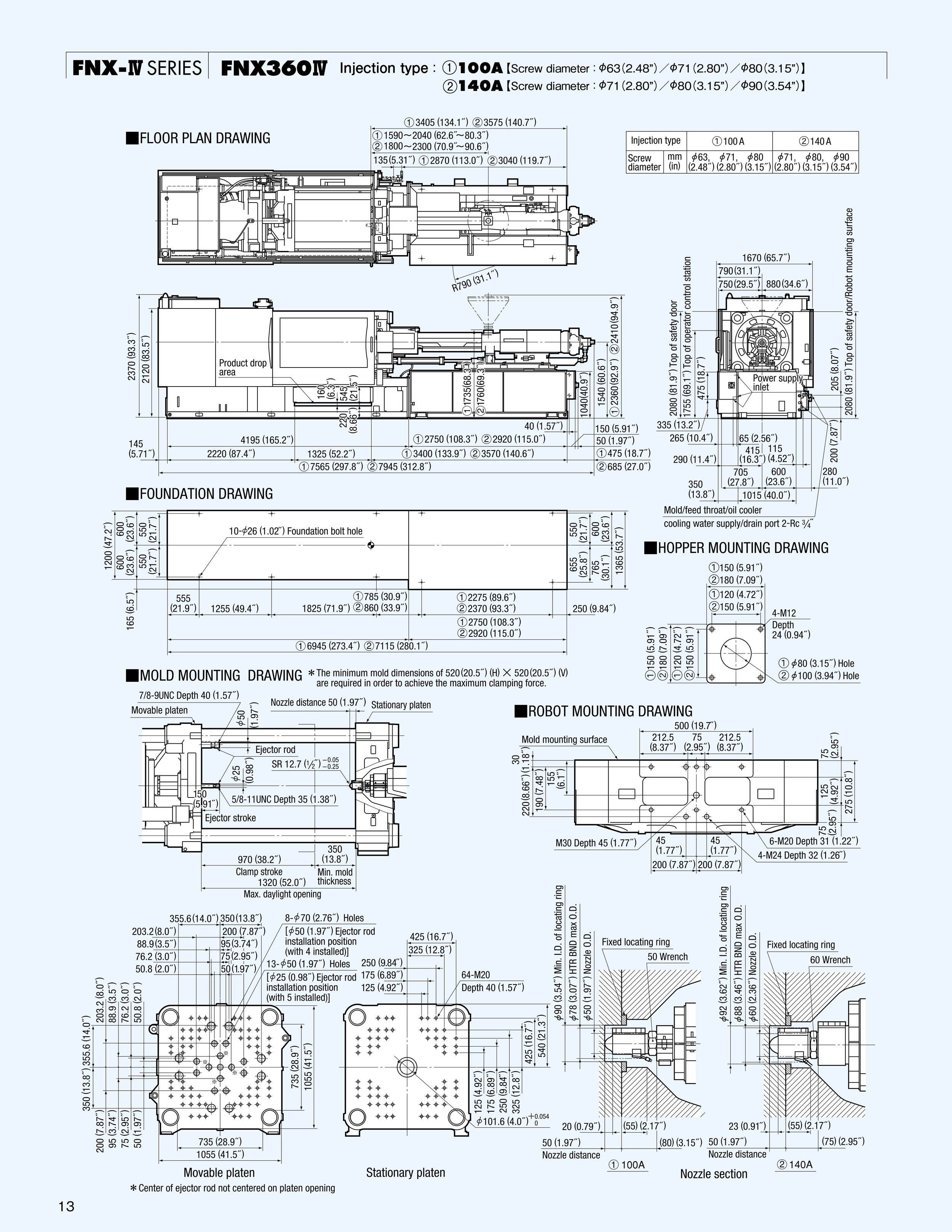 Technical engineering drawing of an injection machine, showing floor plan, foundation, hopper, mold, and robot mounting details with measurements.