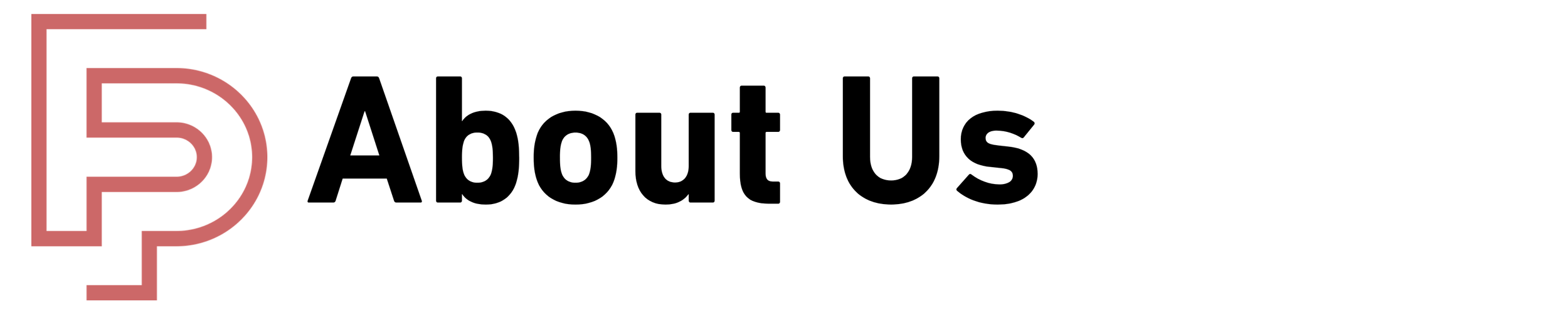 Logo with overlapping pink letter 'P' and 'Q' and the text 'About Us' in black.