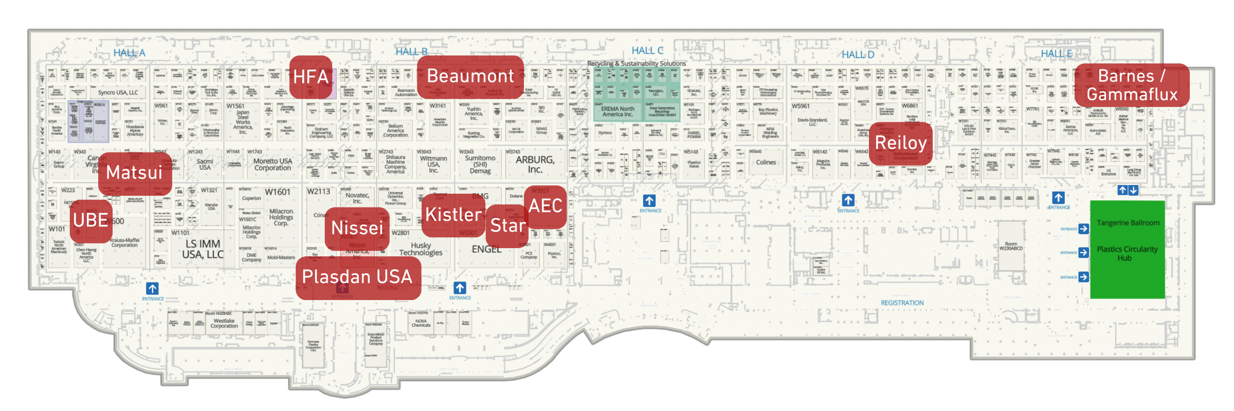 Floor plan of a trade show with booth labels including 'Matsui', 'UBE', 'Nissei', 'Plasdan USA', 'Star', 'Kistler', 'AEC', 'Reiloy', 'Barnes / Gammaflux', 'Tangerine Ballroom', and 'Plastics Circulatory Hub'.