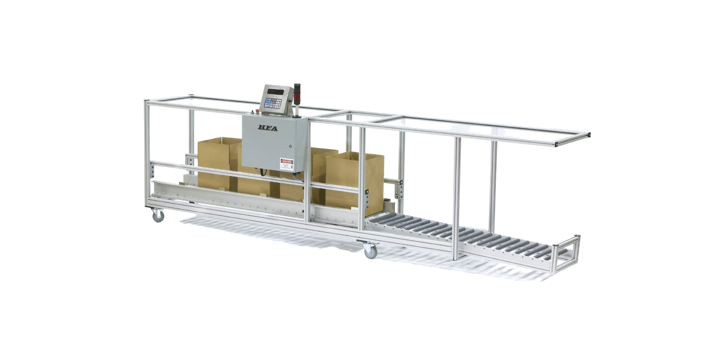 Automated conveyor system with cardboard boxes, control panel and rollers for package handling.