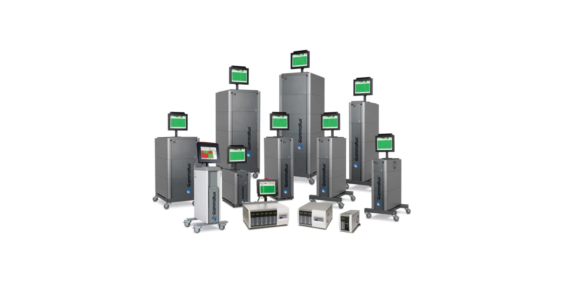 Collection of medical or laboratory diagnostic machines with digital screens, branded 'Gammaflux', various sizes, some on wheels, with electronic control units.
