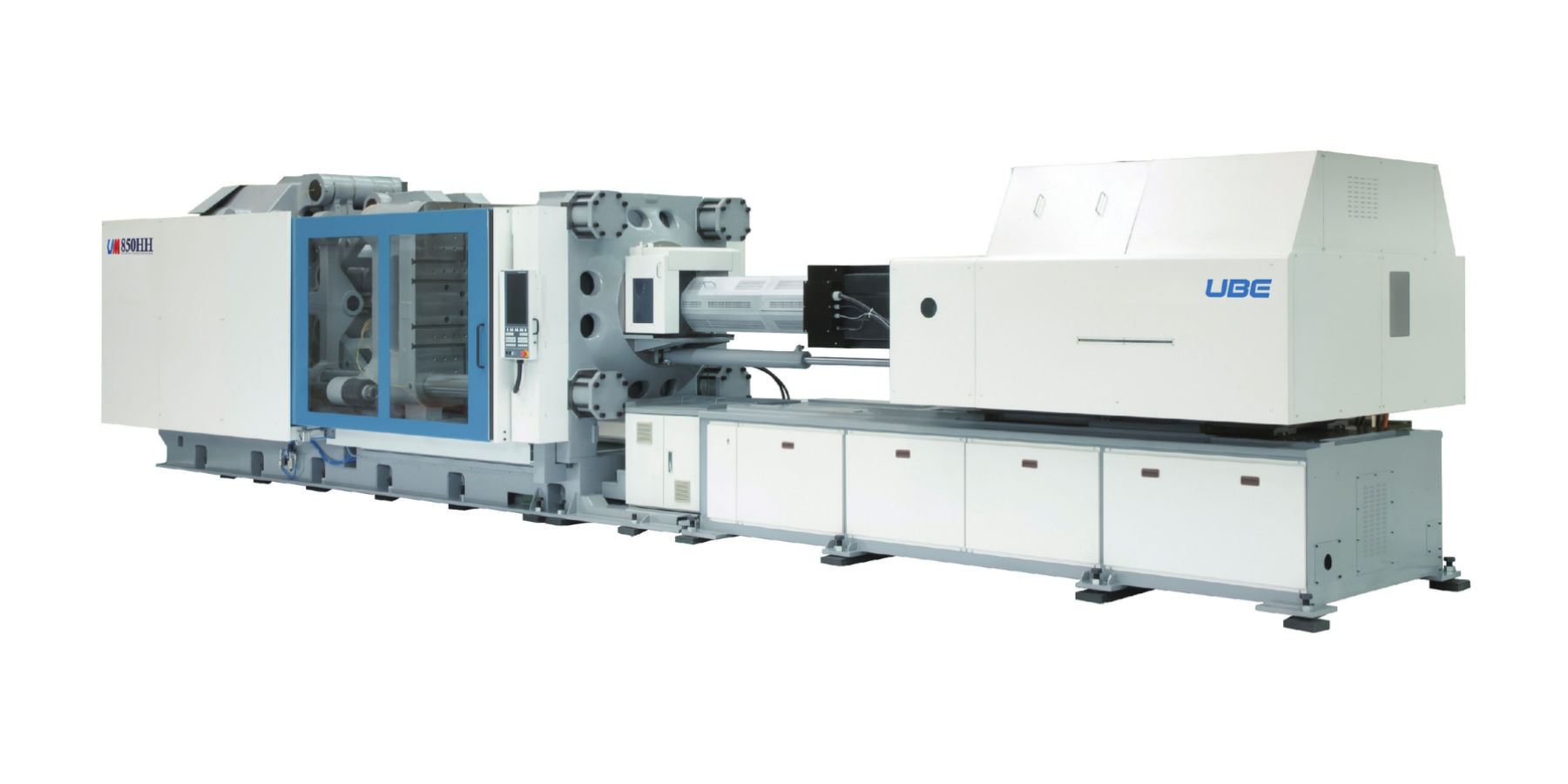 Industrial injection molding machine with a long white body and blue accents, labeled with the brand UBE.
