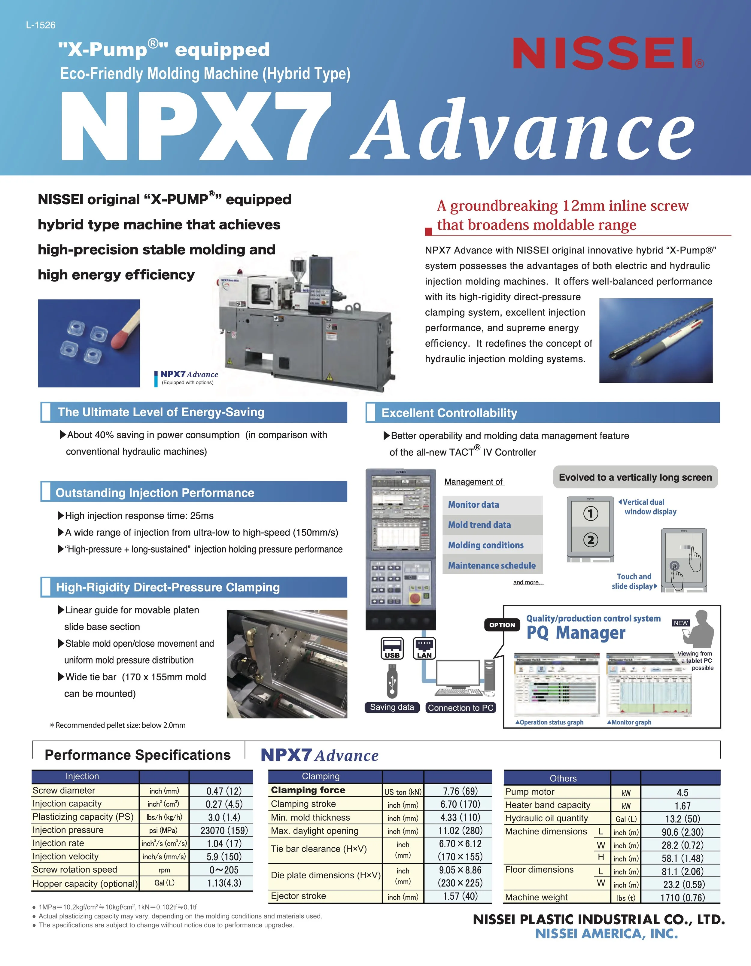 Product information sheet for Nissei NPX7 Advance, an eco-friendly hybrid molding machine, showing a photo of the machine, a pen, and various technical specifications and features outlined in text.