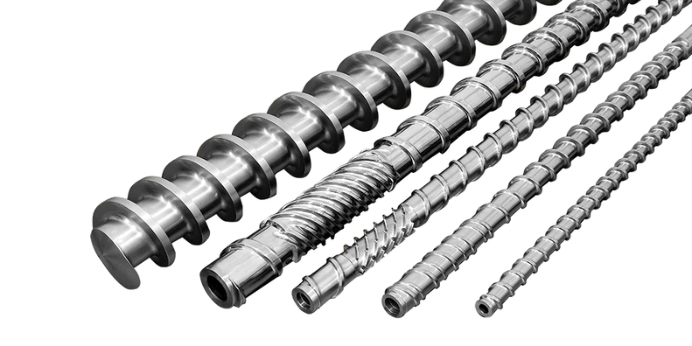 A collection of six different metal camshafts with varying sizes and designs, arranged diagonally.