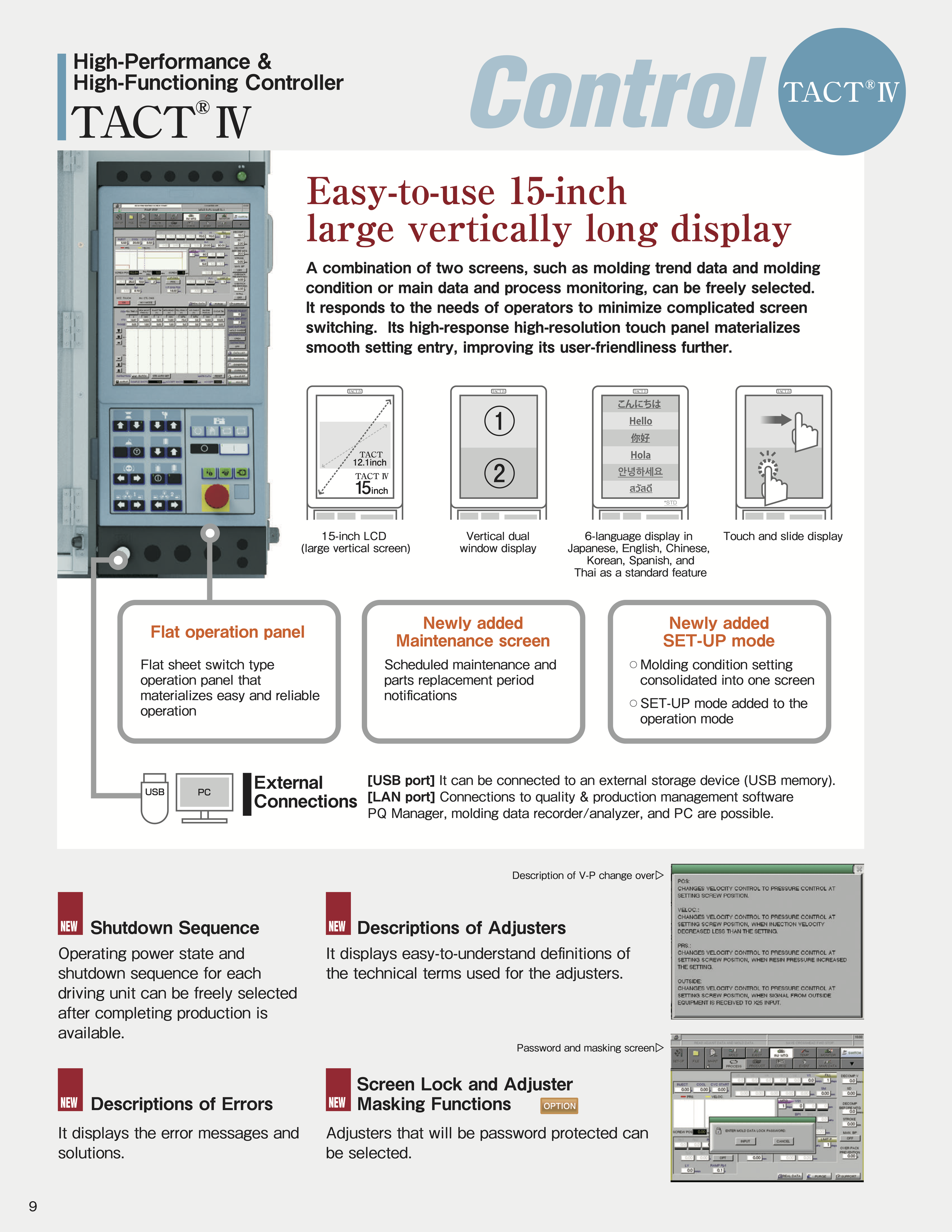 Product information sheet for the TACT IV control panel, featuring a 15-inch vertical LCD display, dual window display, and multi-language screen. Includes details about operation modes, external connections, shutdown sequence, error descriptions, and mask functions.
