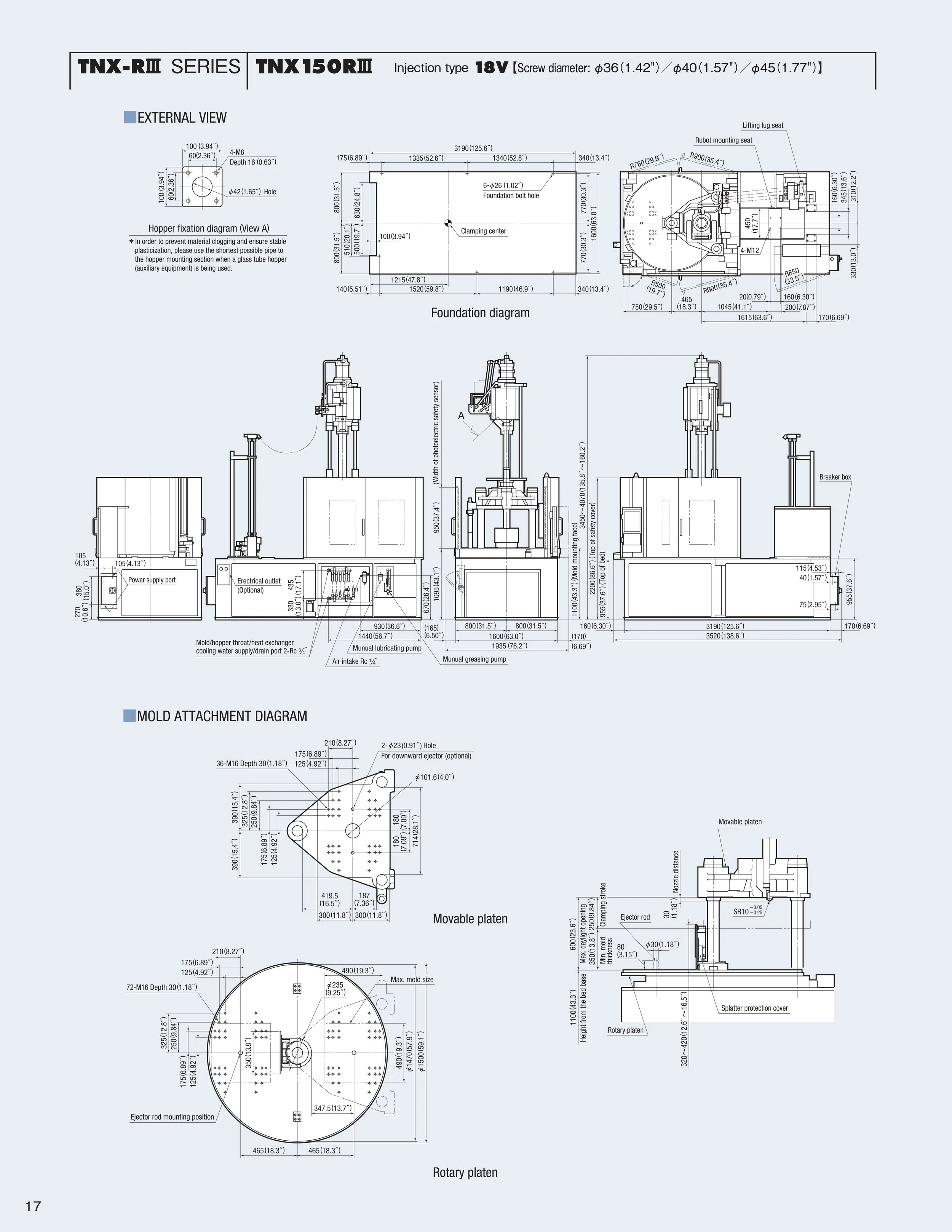 Technical engineering diagram for the TNX-150 III series injection molding machine, including foundation, mold attachment, movable platen, and rotary platen details with measurements and labels.