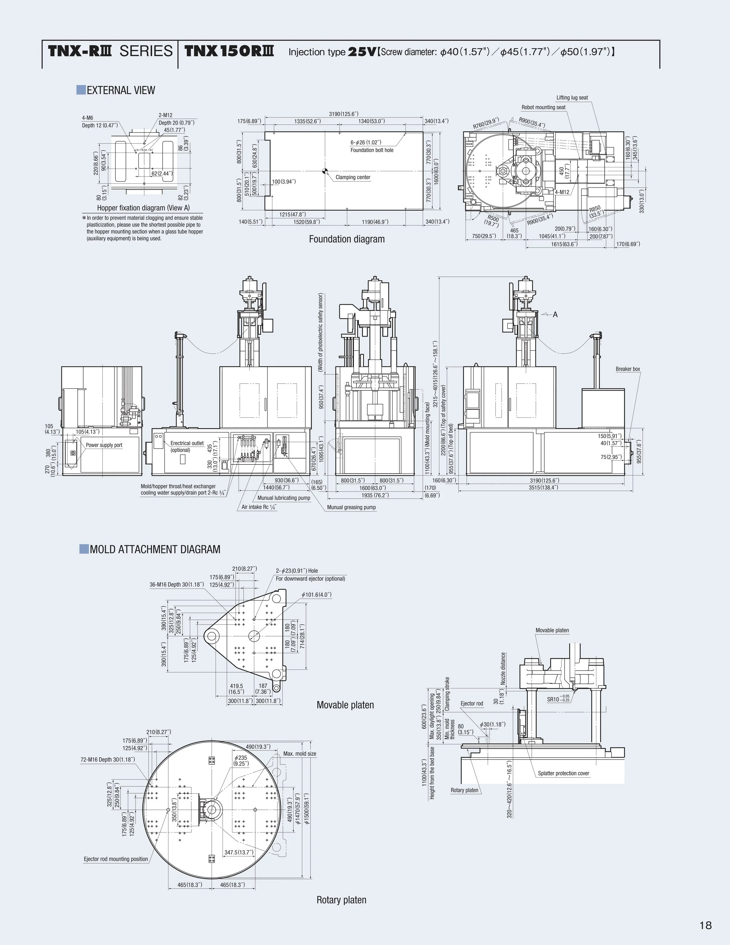 Technical engineering diagram of a machinery series with detailed views of foundation, mold attachment, and rotary platen components, including dimensions and specifications.
